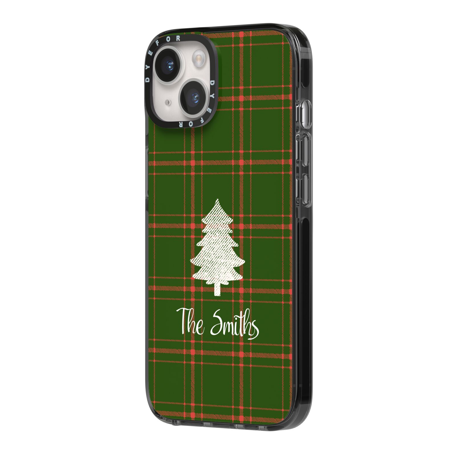 Green Tartan Christmas Tree Personalised iPhone 14 Black Impact Case Side Angle on Silver phone