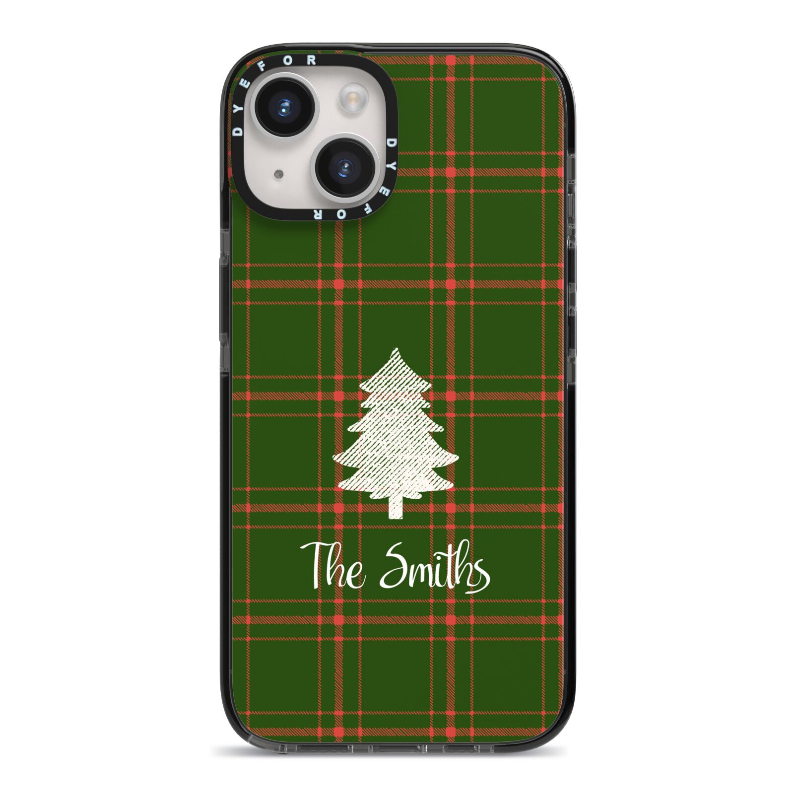 Green Tartan Christmas Tree Personalised iPhone 14 Black Impact Case on Silver phone