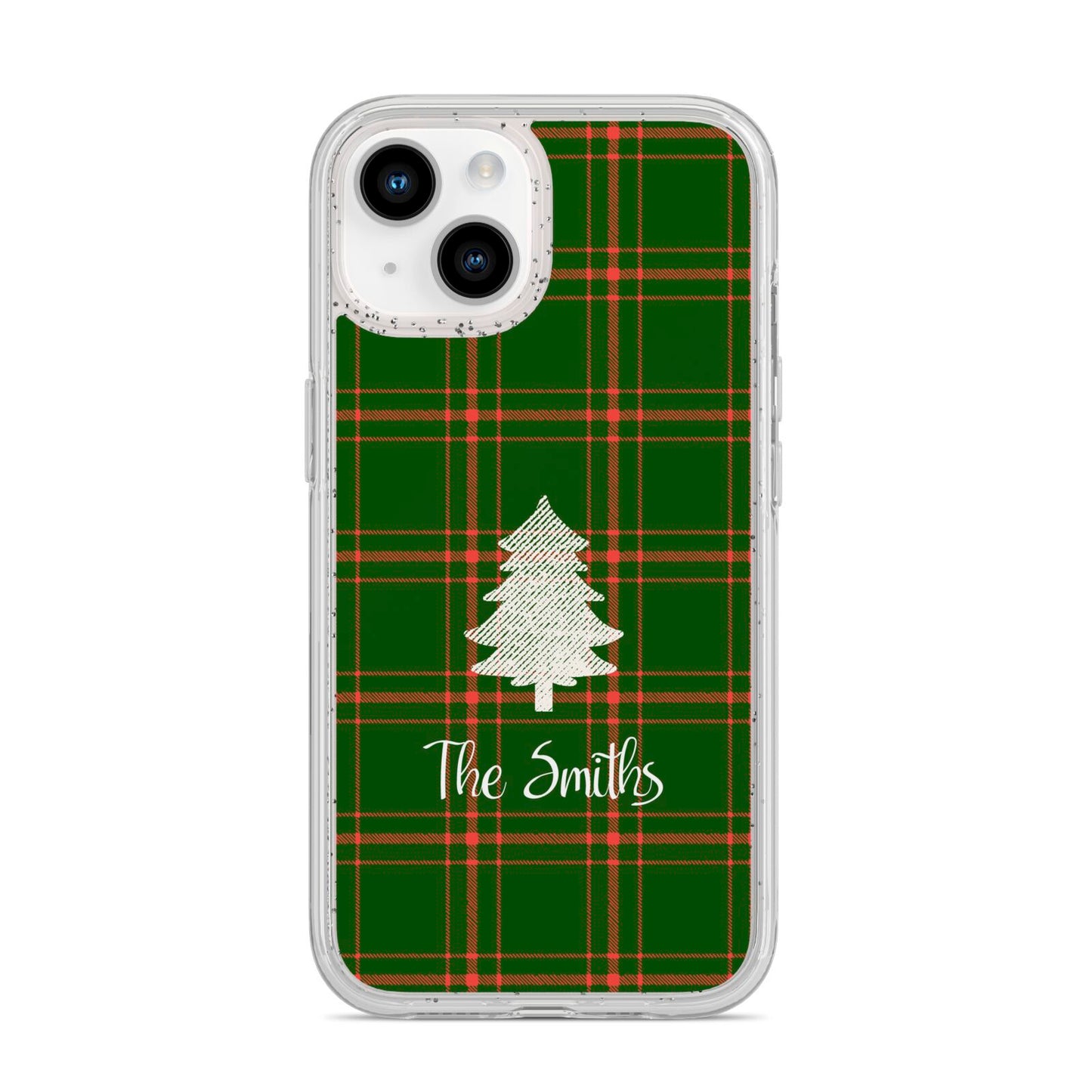 Green Tartan Christmas Tree Personalised iPhone 14 Glitter Tough Case Starlight