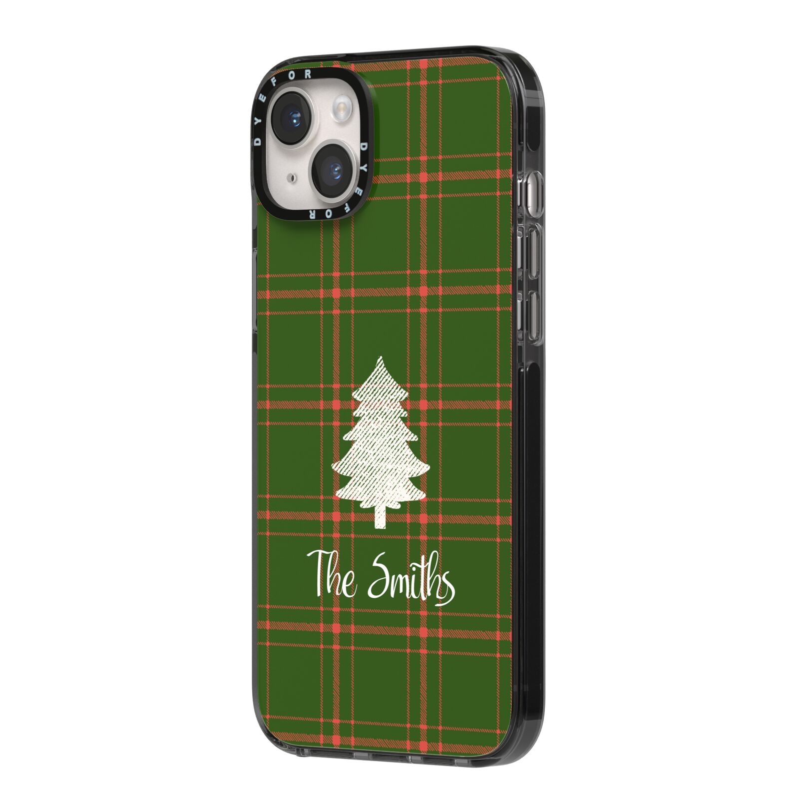 Green Tartan Christmas Tree Personalised iPhone 14 Plus Black Impact Case Side Angle on Silver phone