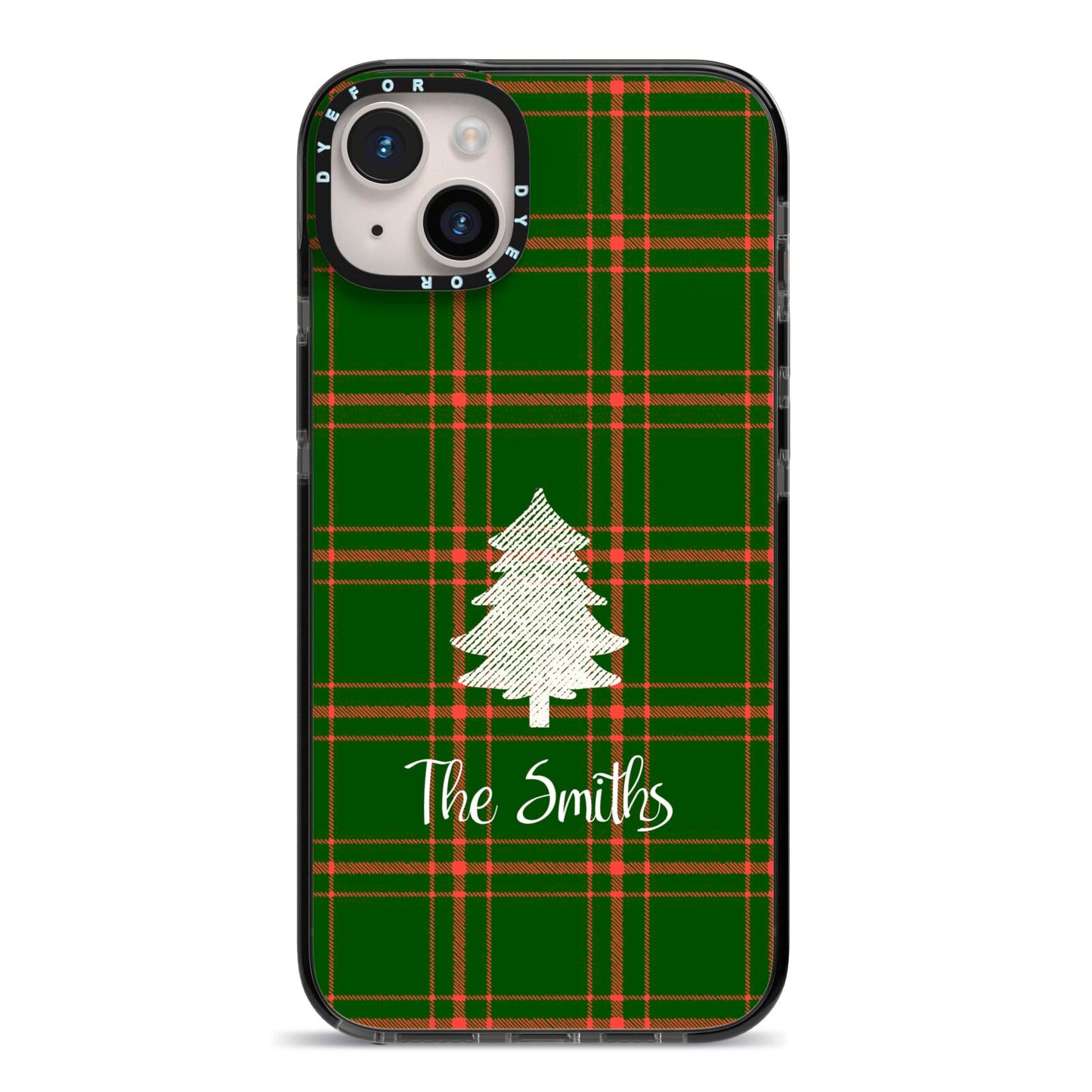 Green Tartan Christmas Tree Personalised iPhone 14 Plus Black Impact Case on Silver phone