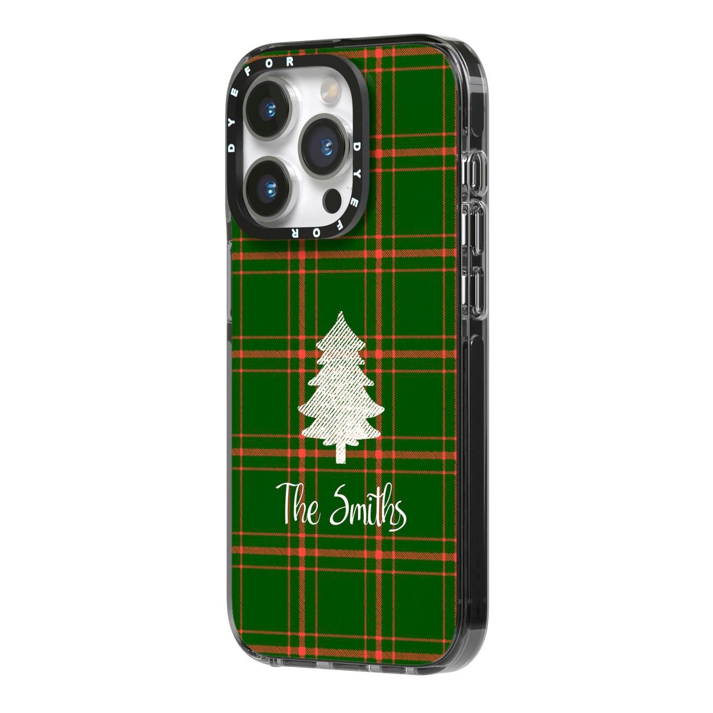 Green Tartan Christmas Tree Personalised iPhone 14 Pro Black Impact Case Side Angle on Silver phone