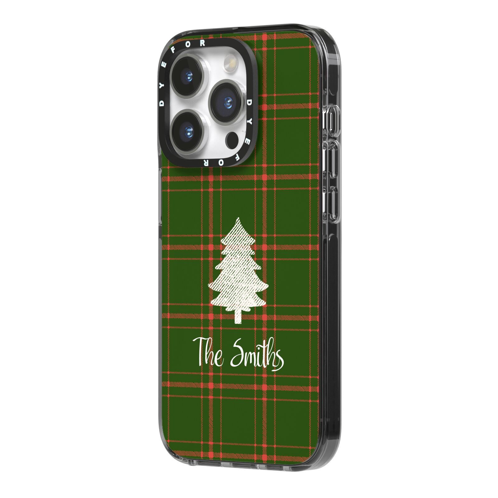 Green Tartan Christmas Tree Personalised iPhone 14 Pro Black Impact Case Side Angle on Silver phone