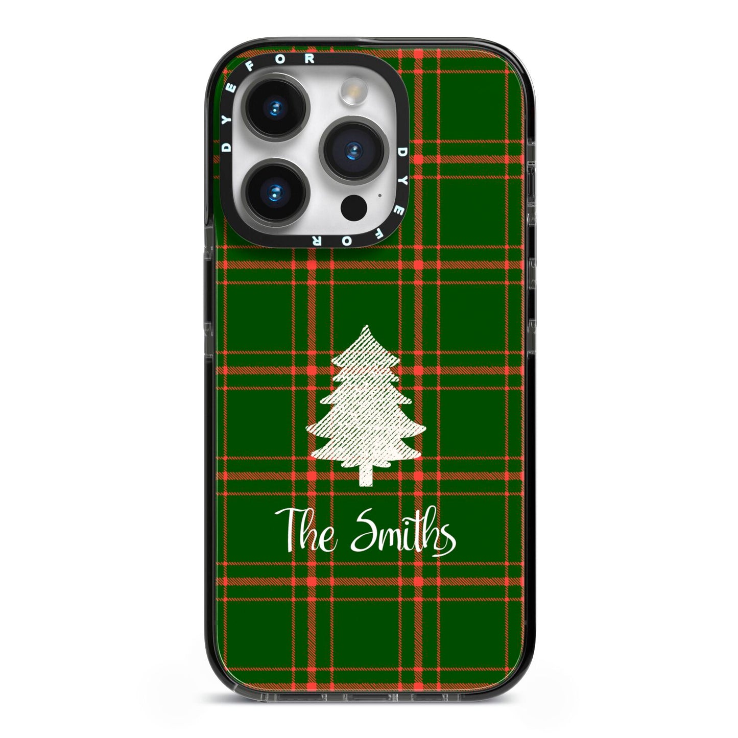 Green Tartan Christmas Tree Personalised iPhone 14 Pro Black Impact Case on Silver phone