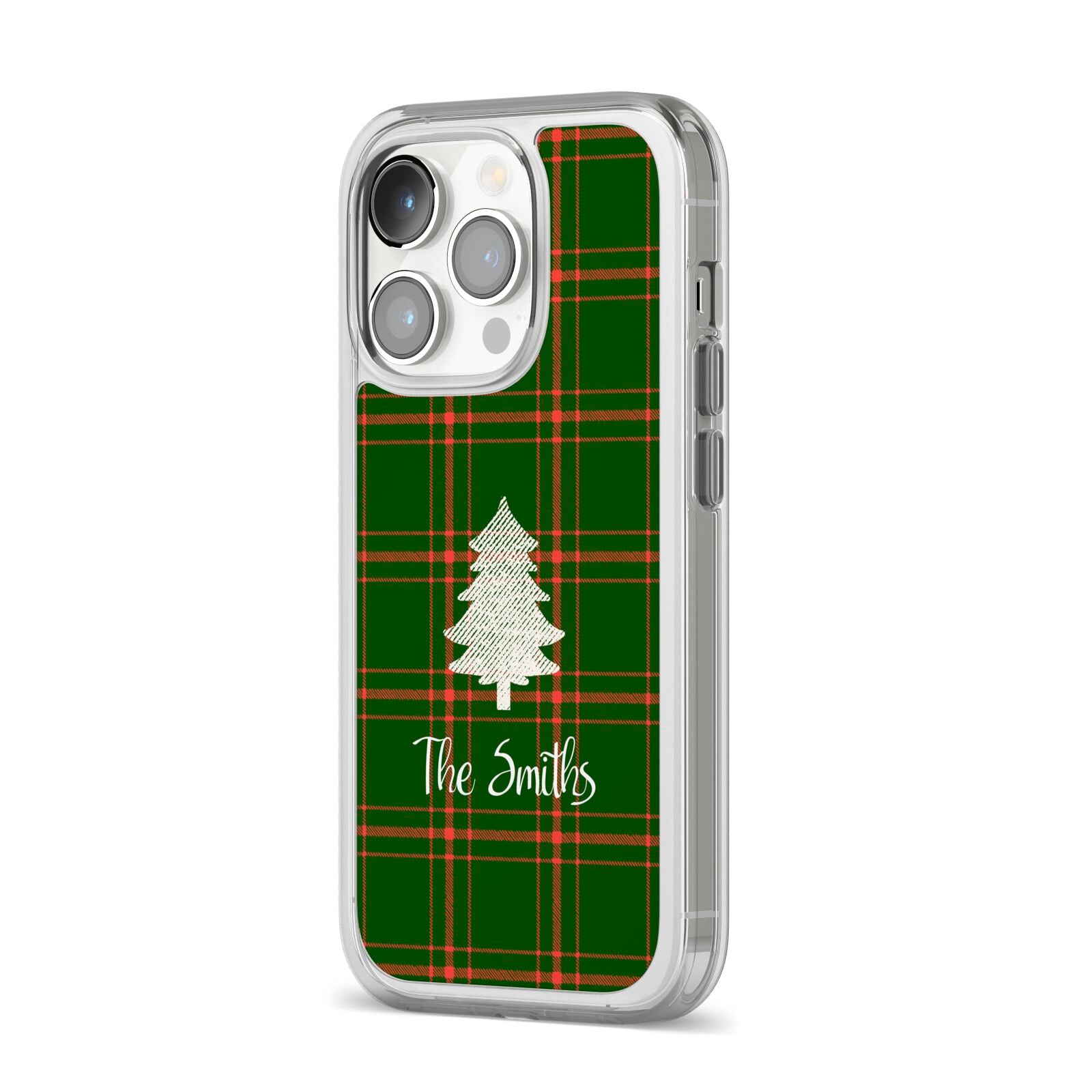 Green Tartan Christmas Tree Personalised iPhone 14 Pro Clear Tough Case Silver Angled Image