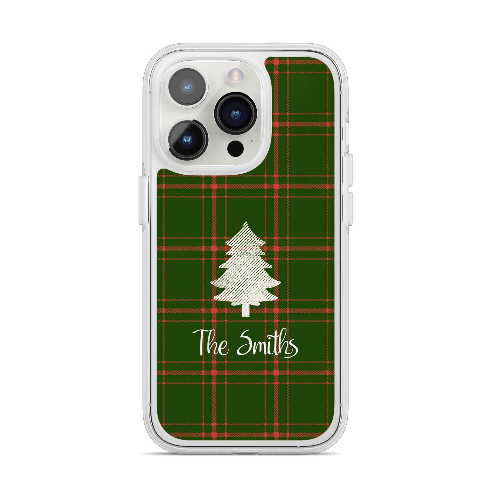 Green Tartan Christmas Tree Personalised iPhone 14 Pro Clear Tough Case Silver