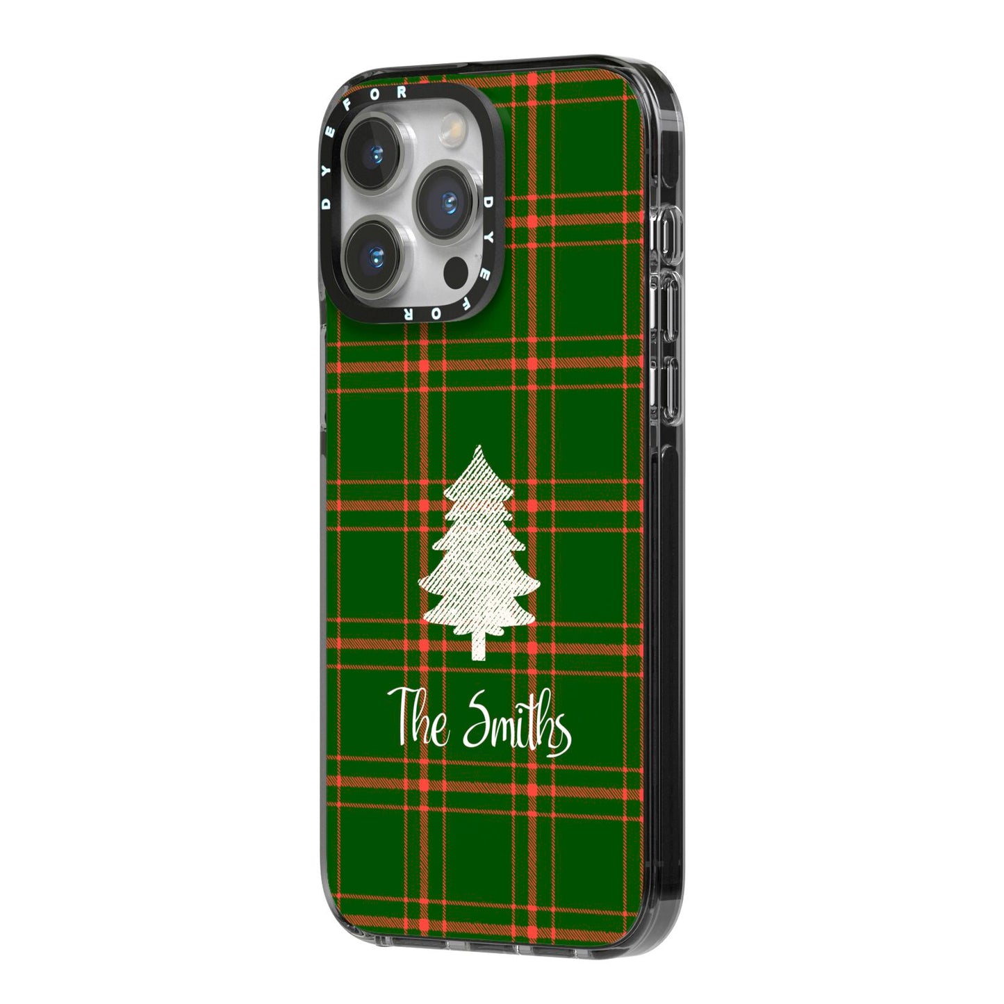 Green Tartan Christmas Tree Personalised iPhone 14 Pro Max Black Impact Case Side Angle on Silver phone