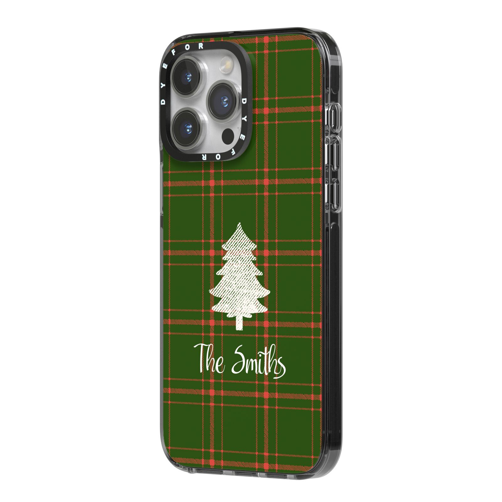 Green Tartan Christmas Tree Personalised iPhone 14 Pro Max Black Impact Case Side Angle on Silver phone