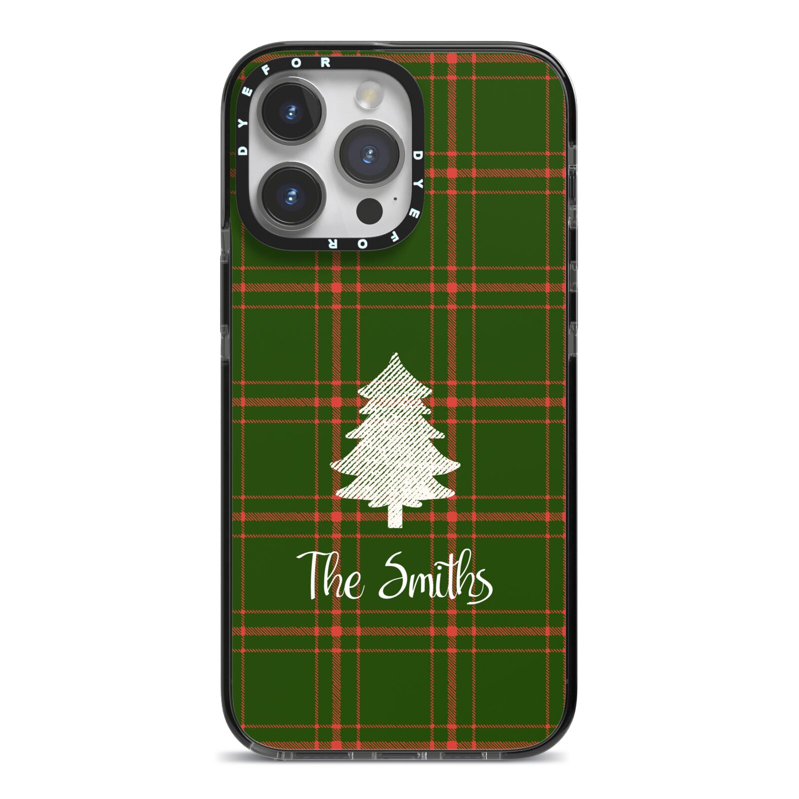 Green Tartan Christmas Tree Personalised iPhone 14 Pro Max Black Impact Case on Silver phone