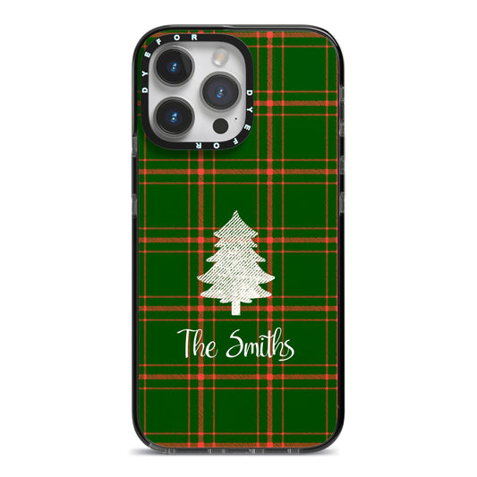 Green Tartan Christmas Tree Personalised iPhone 14 Pro Max Black Impact Case on Silver phone