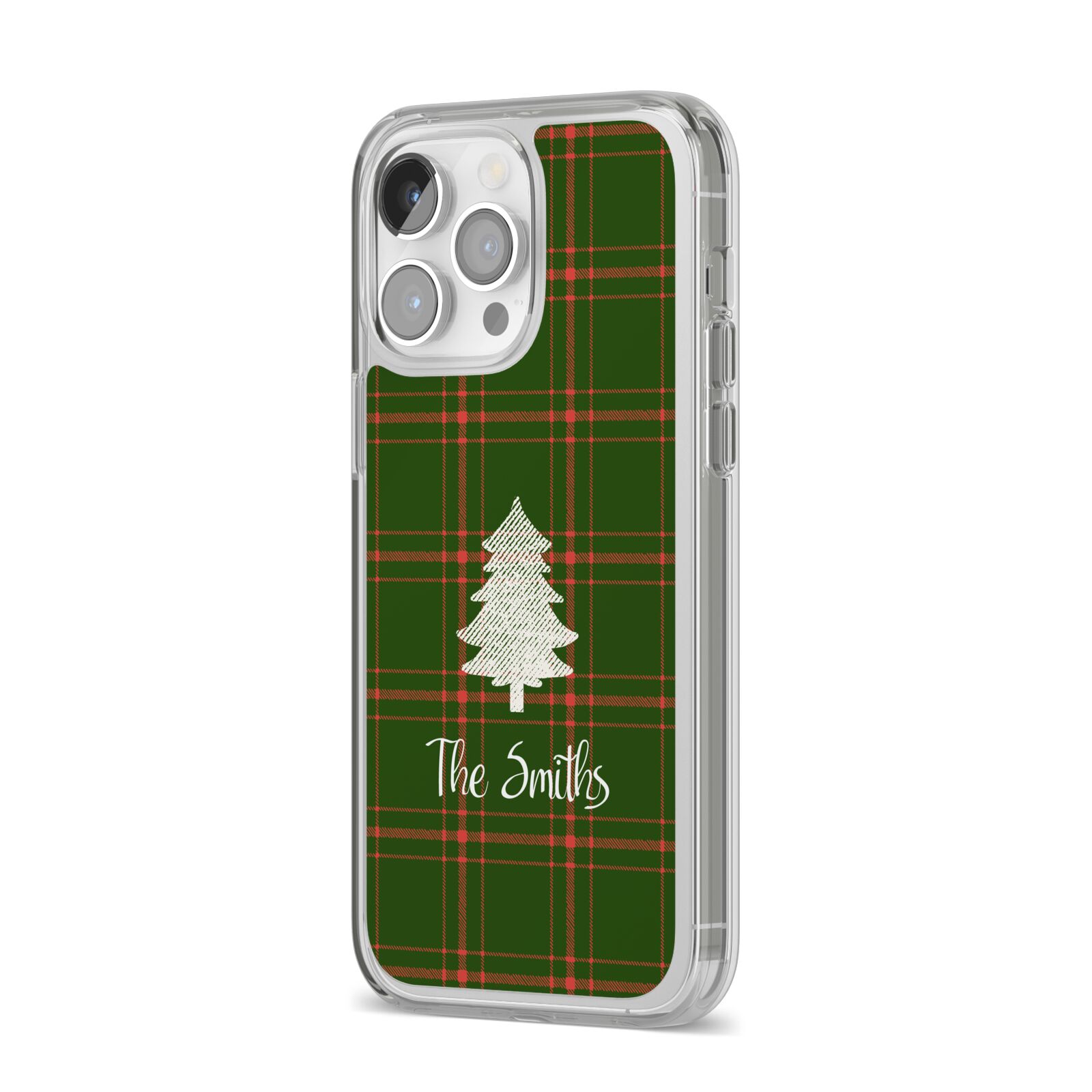 Green Tartan Christmas Tree Personalised iPhone 14 Pro Max Clear Tough Case Silver Angled Image