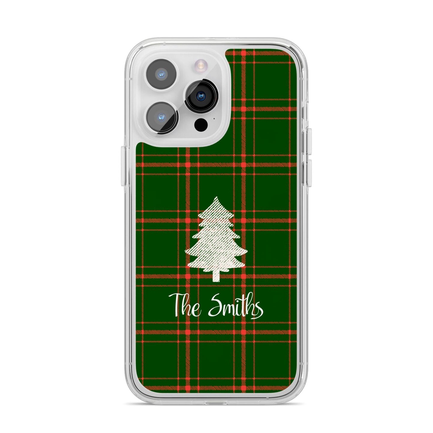 Green Tartan Christmas Tree Personalised iPhone 14 Pro Max Clear Tough Case Silver