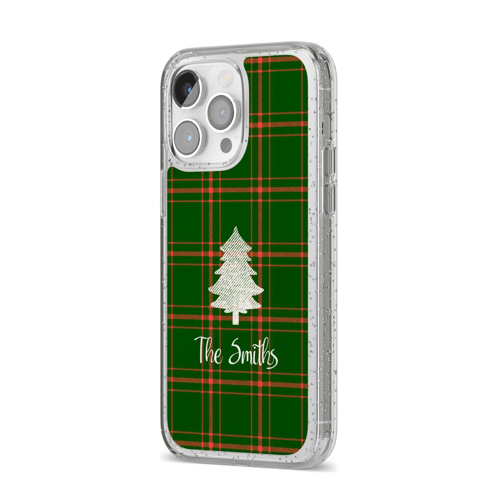 Green Tartan Christmas Tree Personalised iPhone 14 Pro Max Glitter Tough Case Silver Angled Image