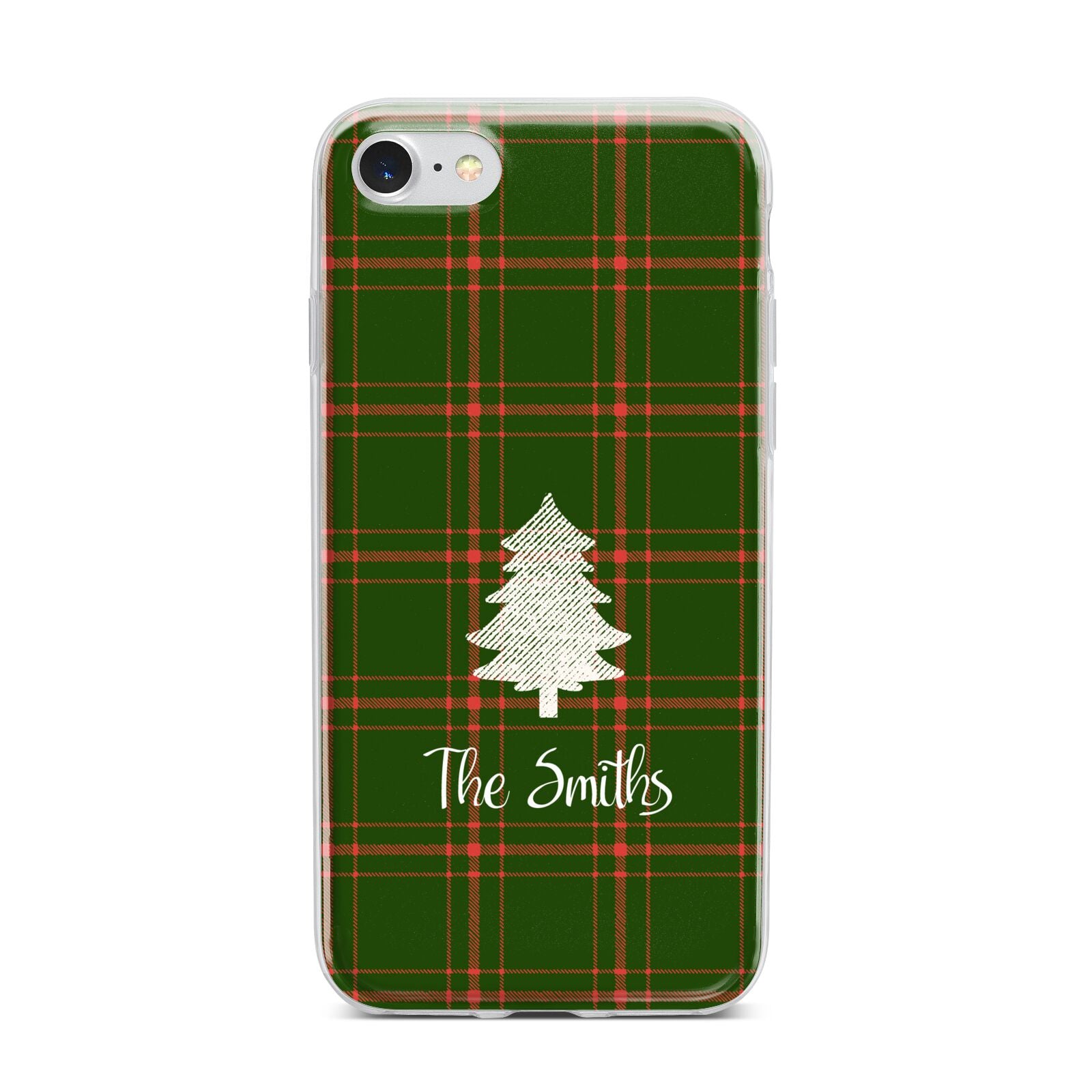 Green Tartan Christmas Tree Personalised iPhone 7 Bumper Case on Silver iPhone