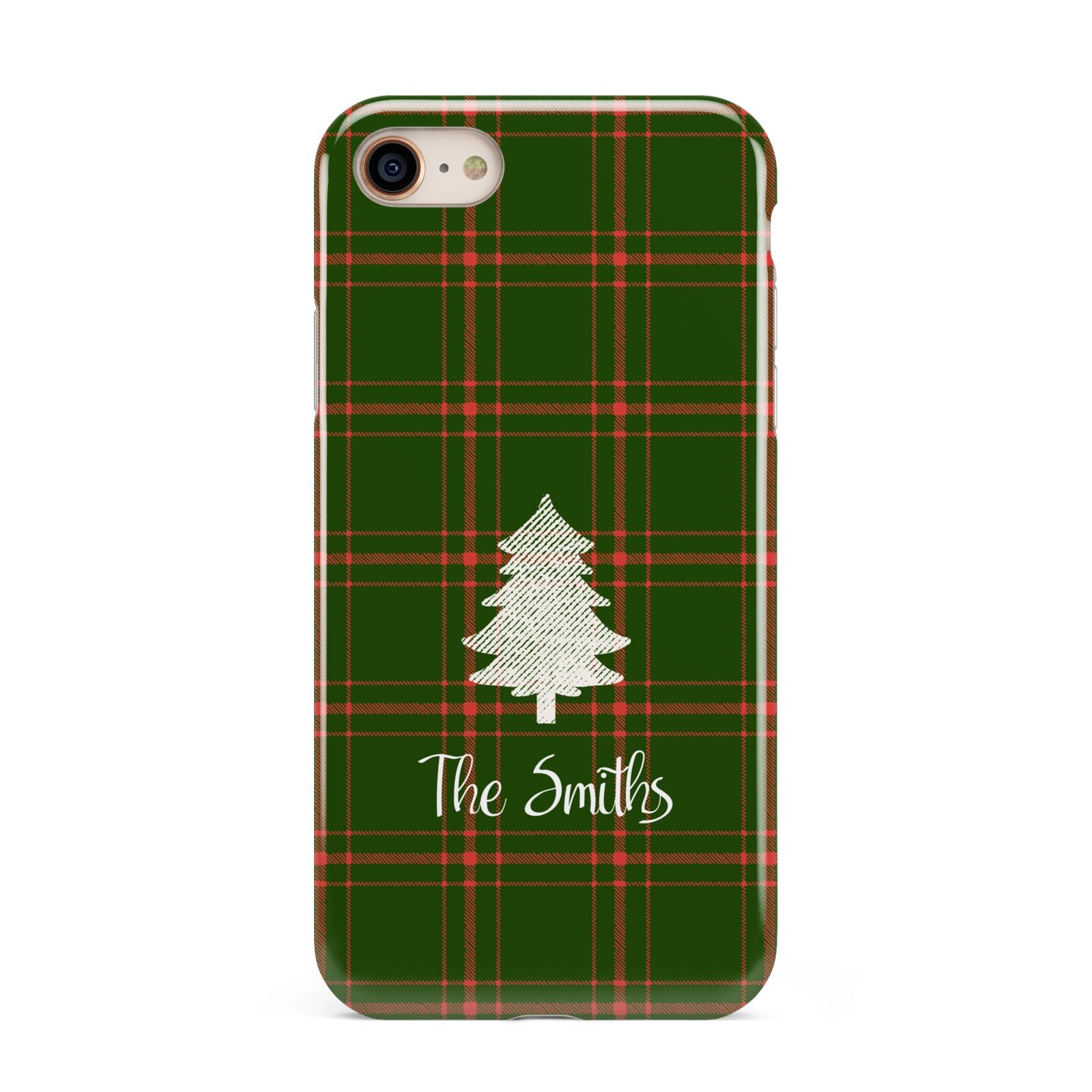 Green Tartan Christmas Tree Personalised iPhone 8 3D Tough Case on Gold Phone