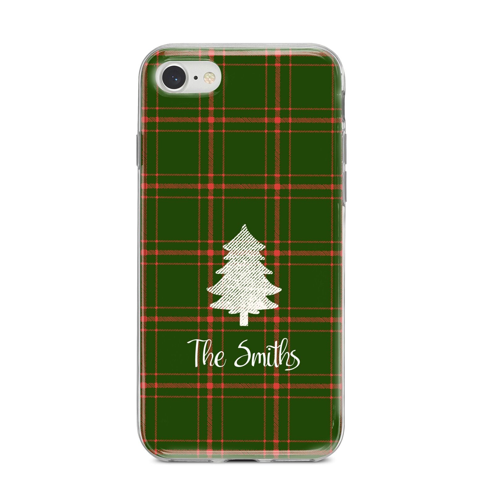 Green Tartan Christmas Tree Personalised iPhone 8 Bumper Case on Silver iPhone