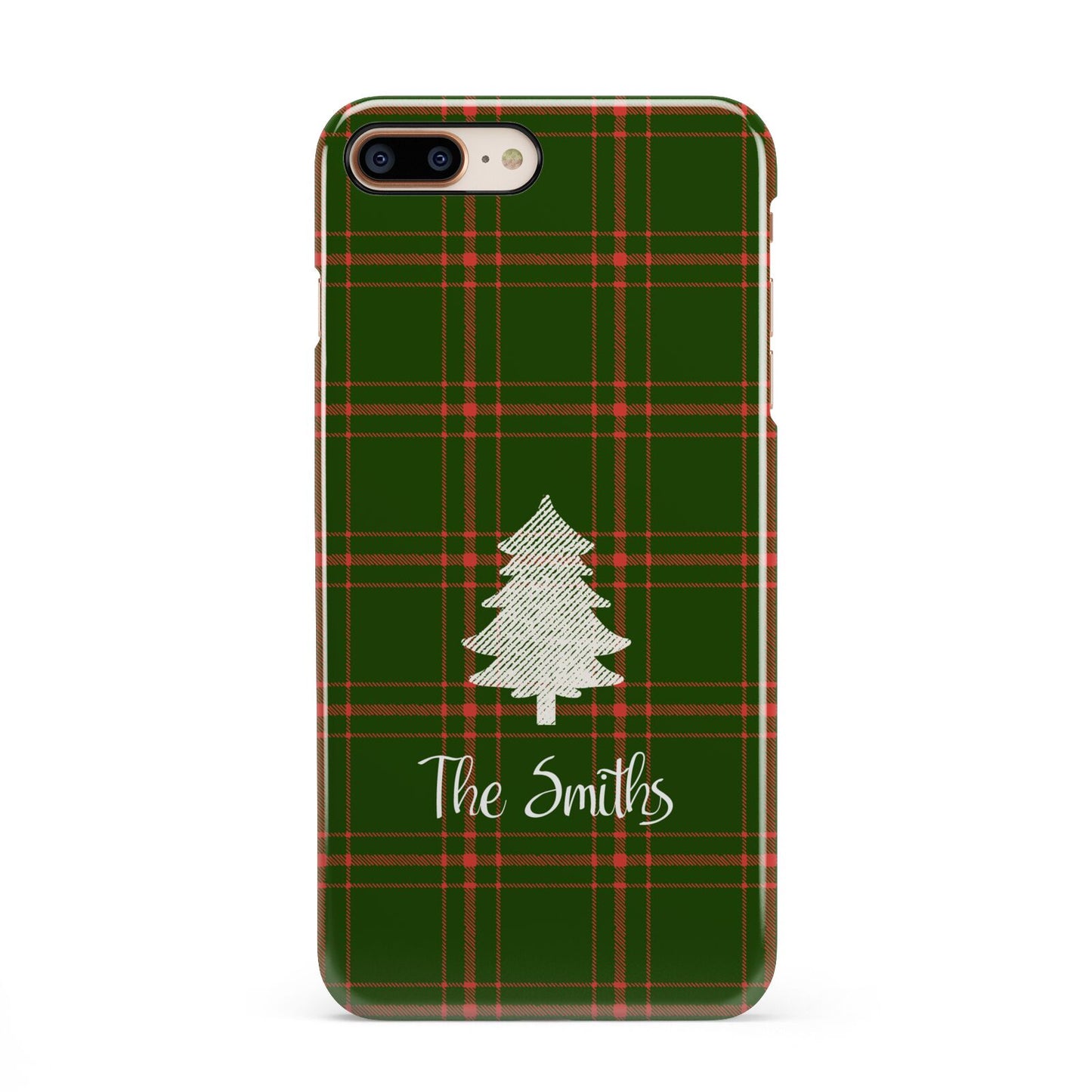 Green Tartan Christmas Tree Personalised iPhone 8 Plus 3D Snap Case on Gold Phone