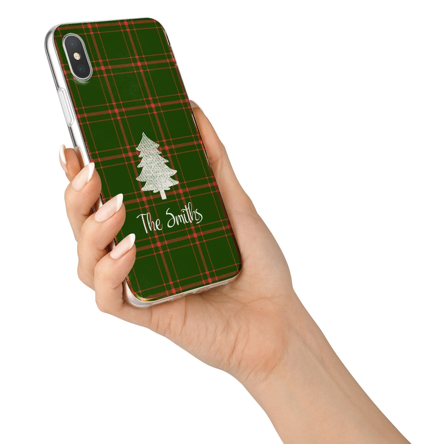 Green Tartan Christmas Tree Personalised iPhone X Bumper Case on Silver iPhone Alternative Image 2