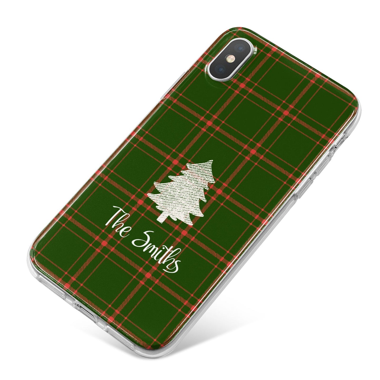 Green Tartan Christmas Tree Personalised iPhone X Bumper Case on Silver iPhone