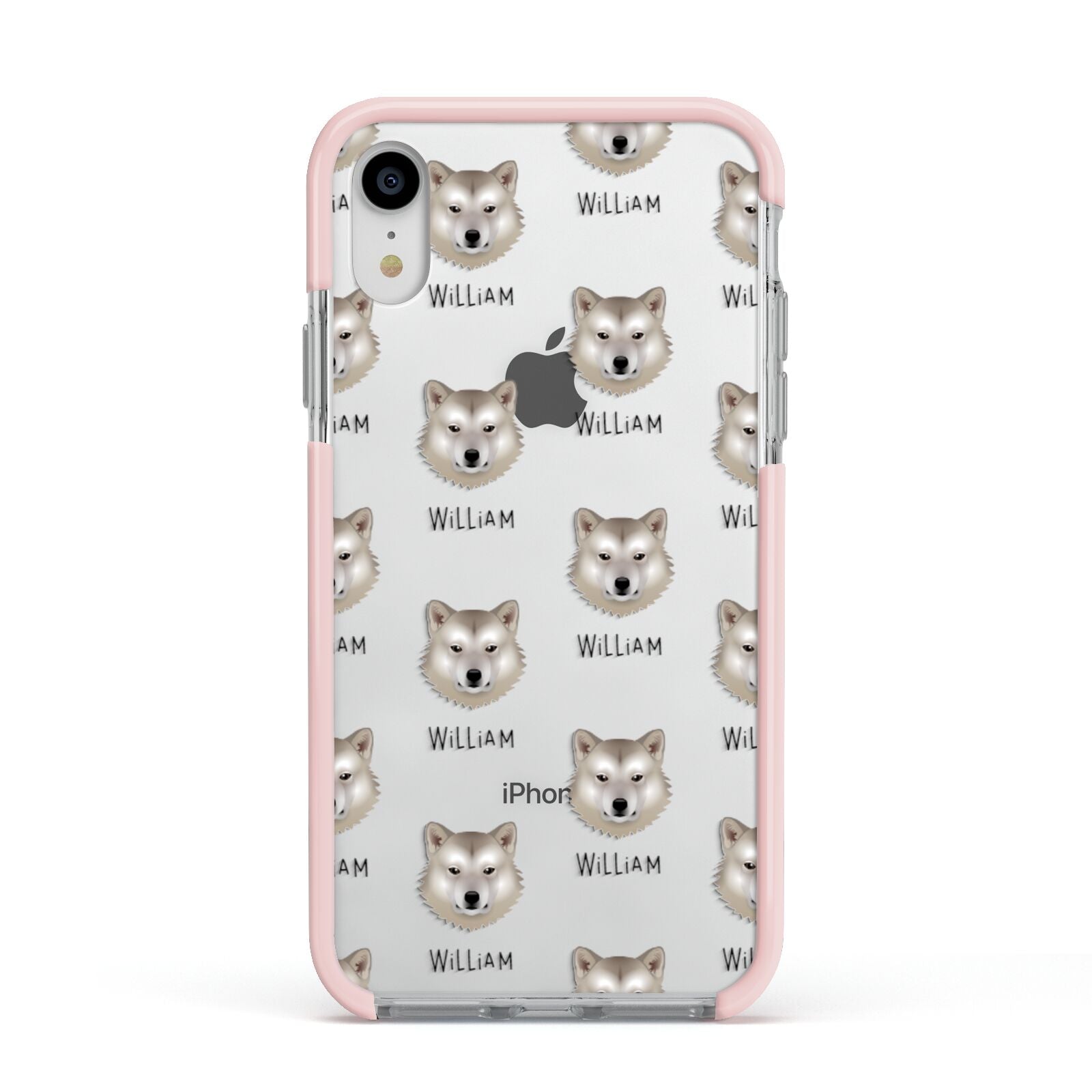 Greenland Dog Icon with Name Apple iPhone XR Impact Case Pink Edge on Silver Phone
