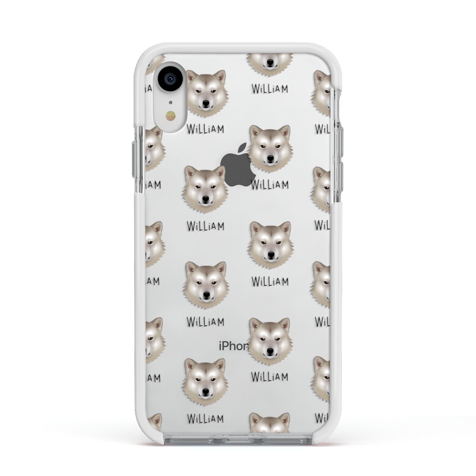 Greenland Dog Icon with Name Apple iPhone XR Impact Case White Edge on Silver Phone