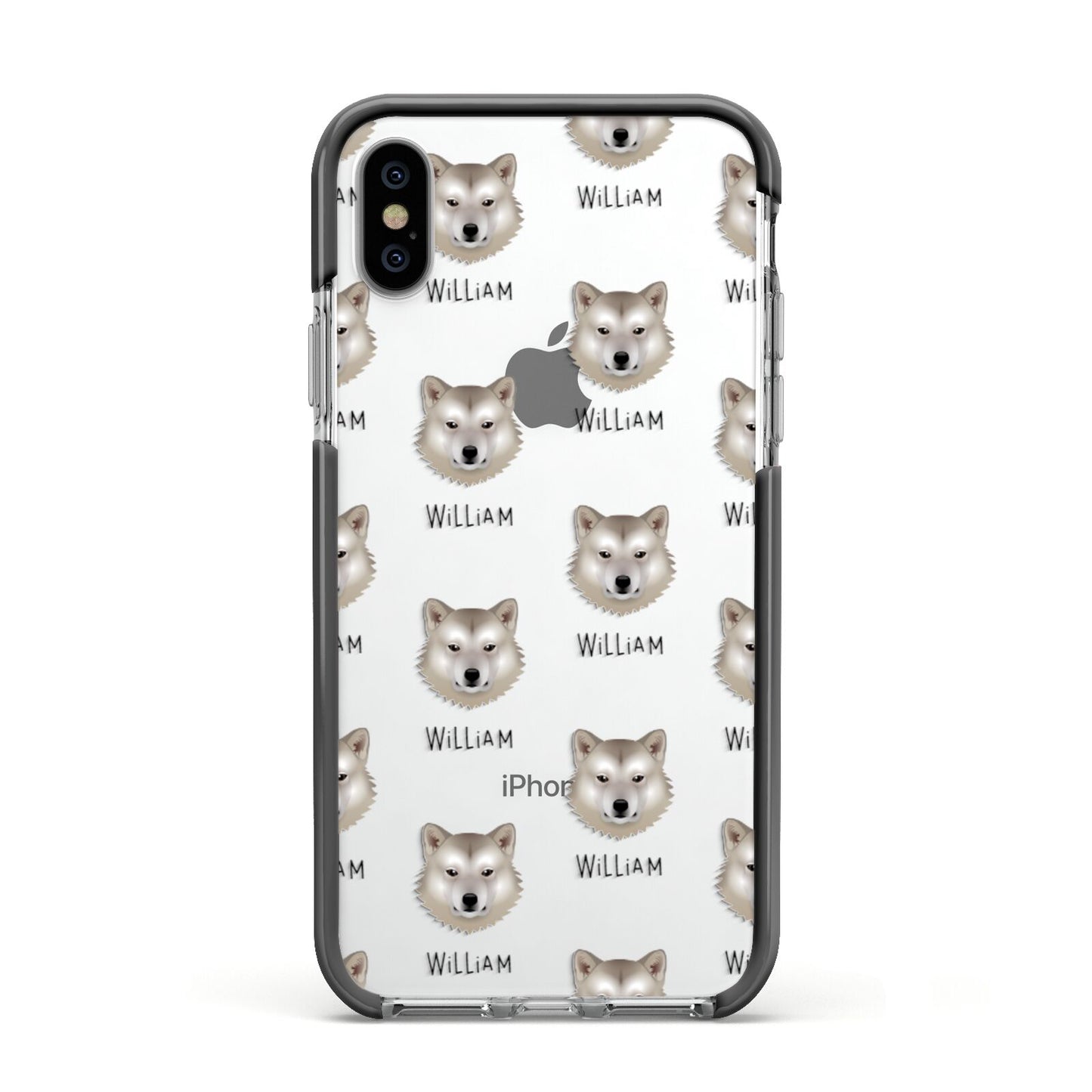 Greenland Dog Icon with Name Apple iPhone Xs Impact Case Black Edge on Silver Phone
