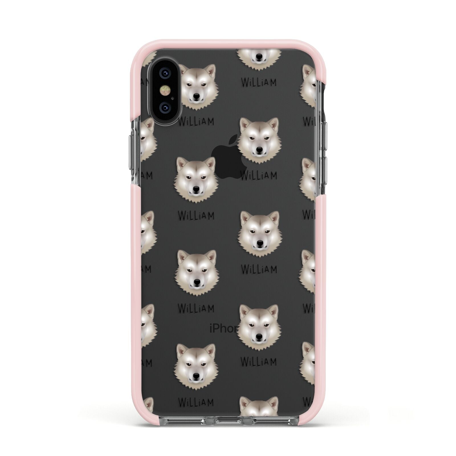 Greenland Dog Icon with Name Apple iPhone Xs Impact Case Pink Edge on Black Phone