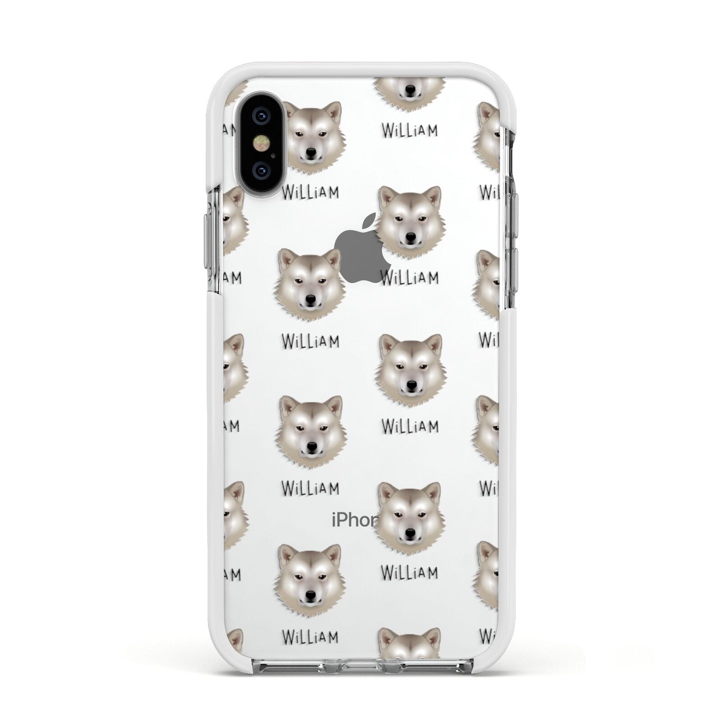 Greenland Dog Icon with Name Apple iPhone Xs Impact Case White Edge on Silver Phone