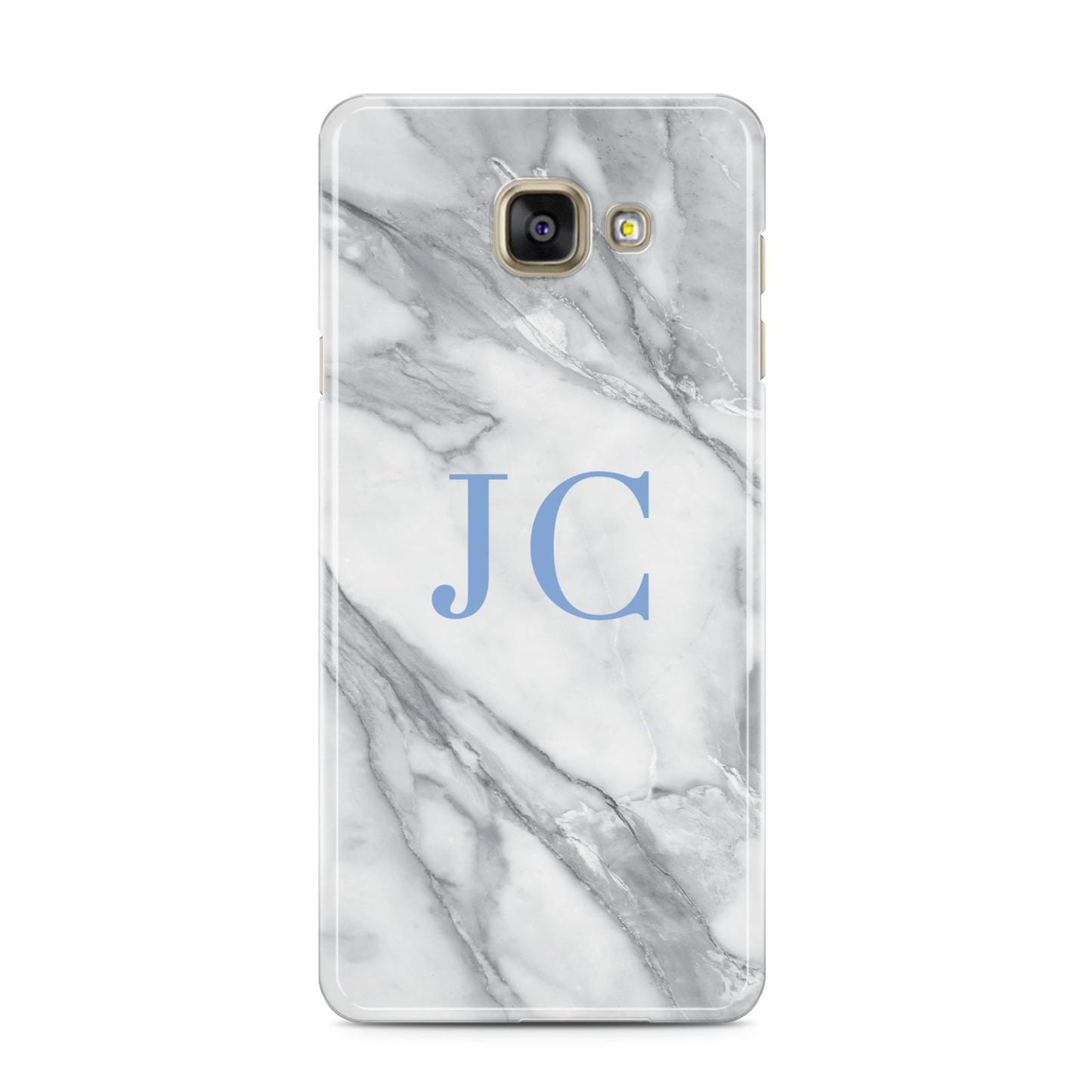 Grey Marble Blue Initials Samsung Galaxy A3 2016 Case on gold phone