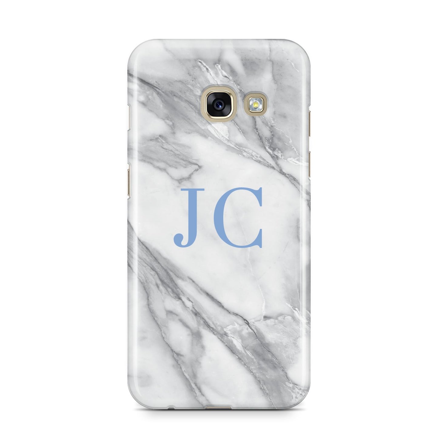 Grey Marble Blue Initials Samsung Galaxy A3 2017 Case on gold phone