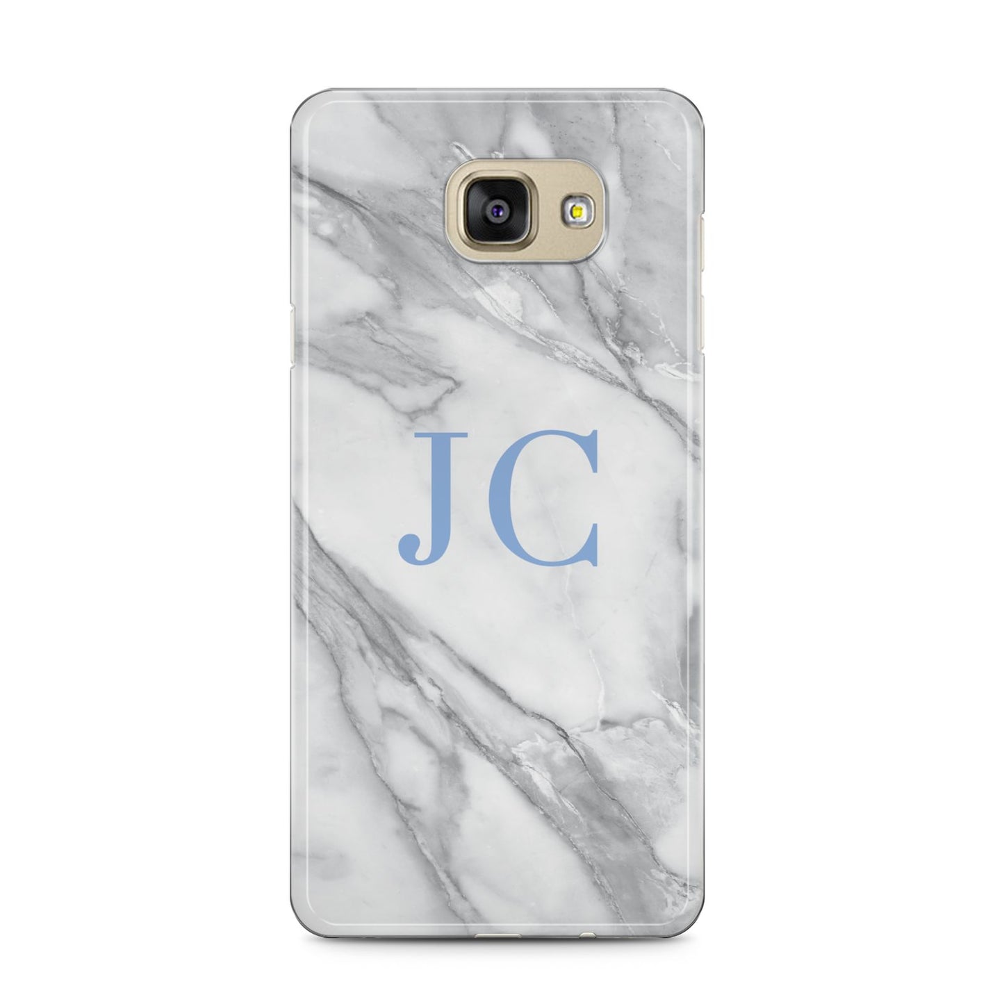 Grey Marble Blue Initials Samsung Galaxy A5 2016 Case on gold phone