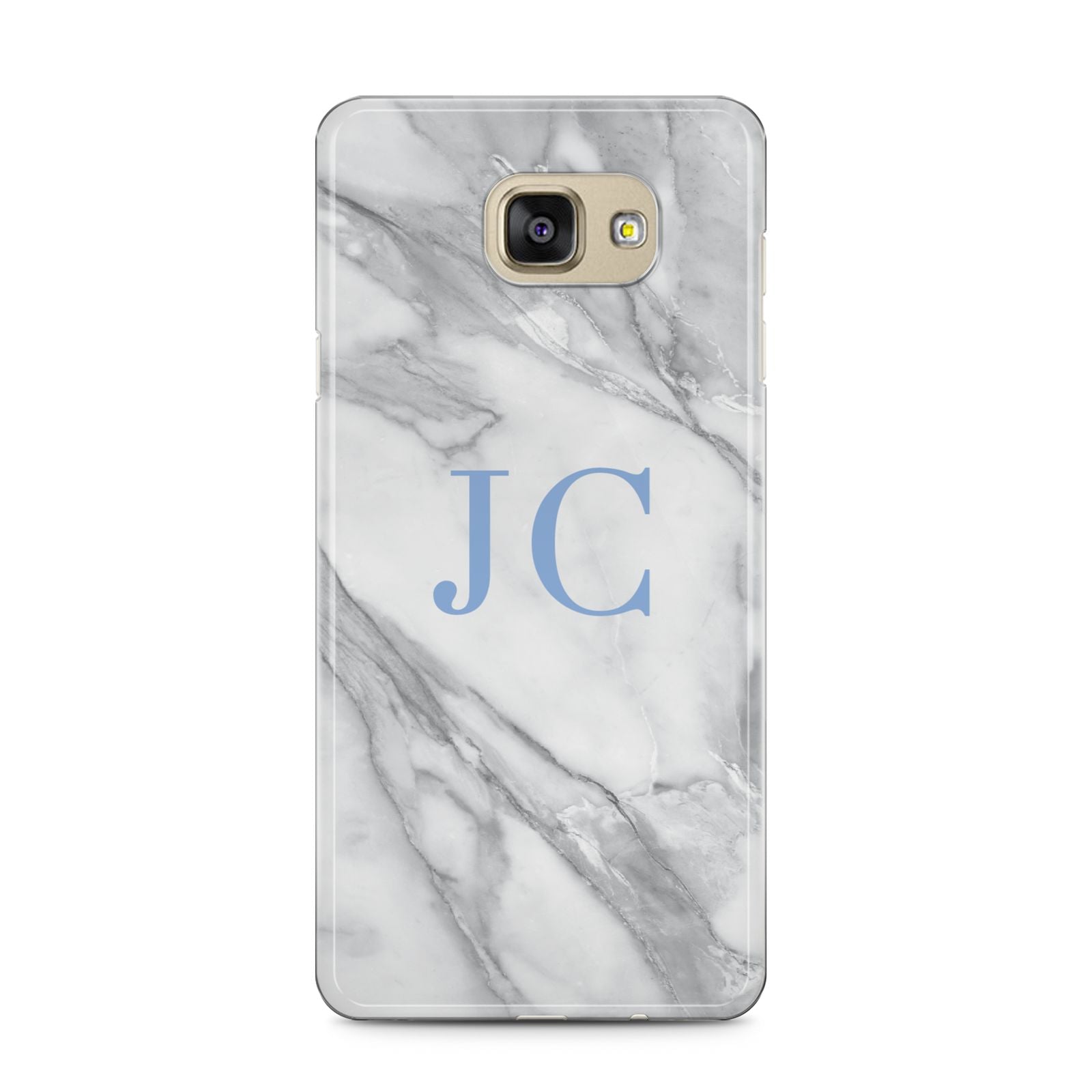 Grey Marble Blue Initials Samsung Galaxy A5 2016 Case on gold phone