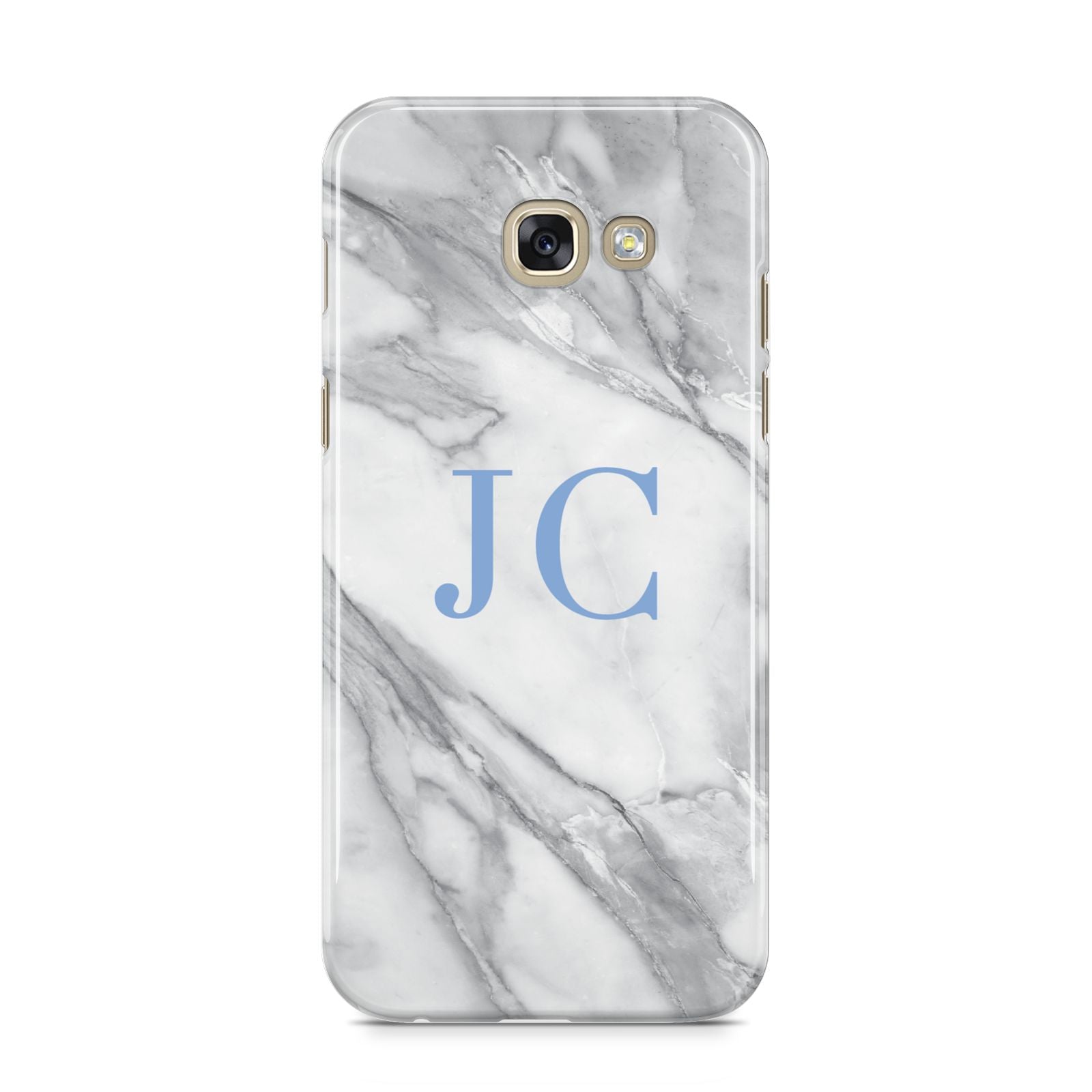 Grey Marble Blue Initials Samsung Galaxy A5 2017 Case on gold phone