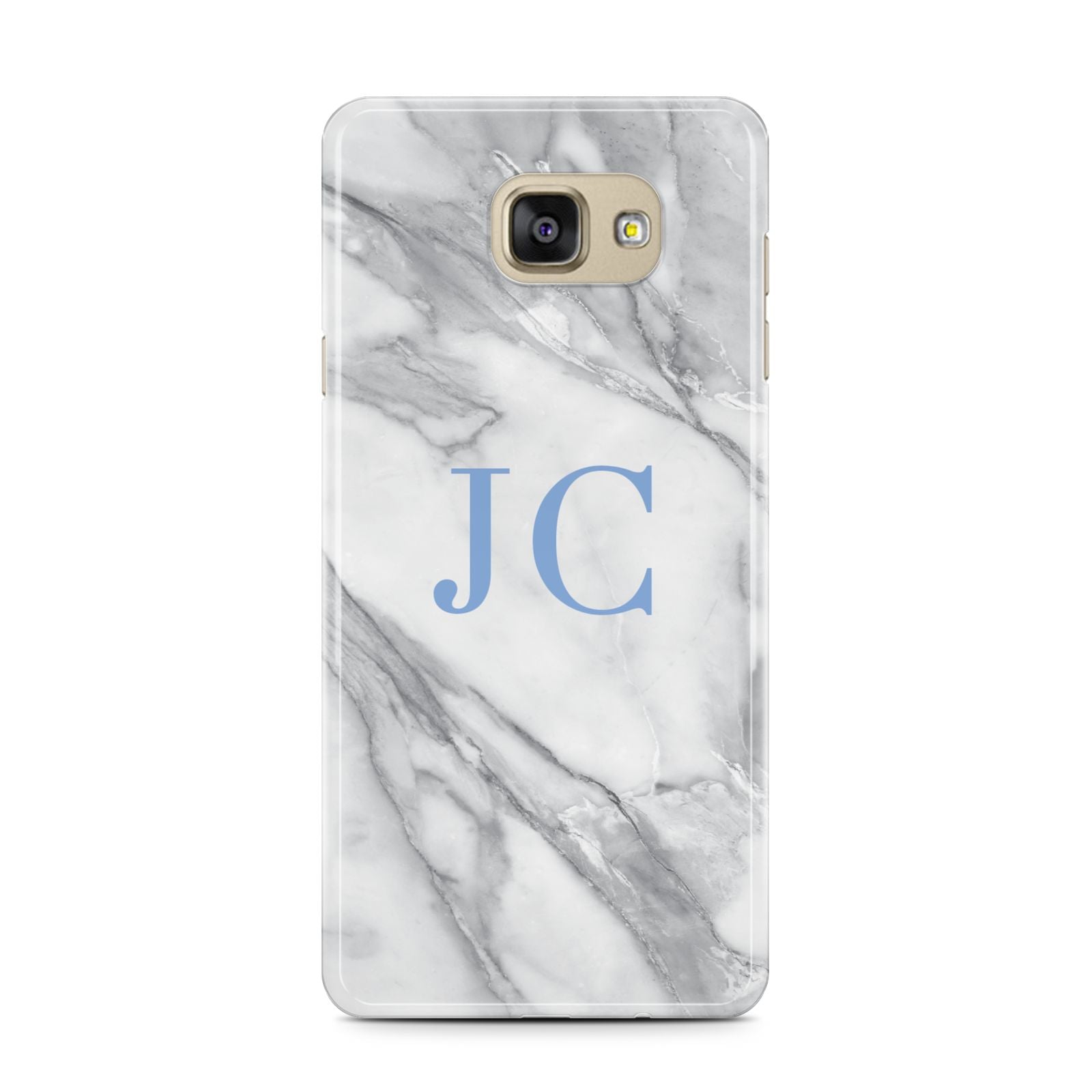 Grey Marble Blue Initials Samsung Galaxy A7 2016 Case on gold phone