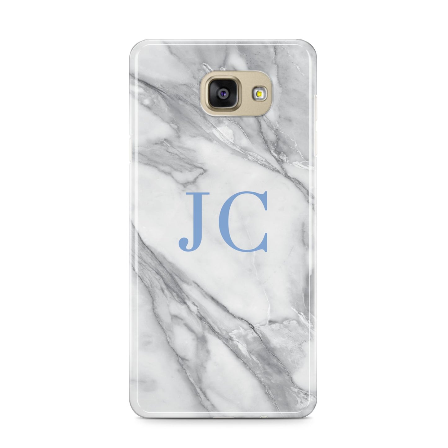 Grey Marble Blue Initials Samsung Galaxy A9 2016 Case on gold phone