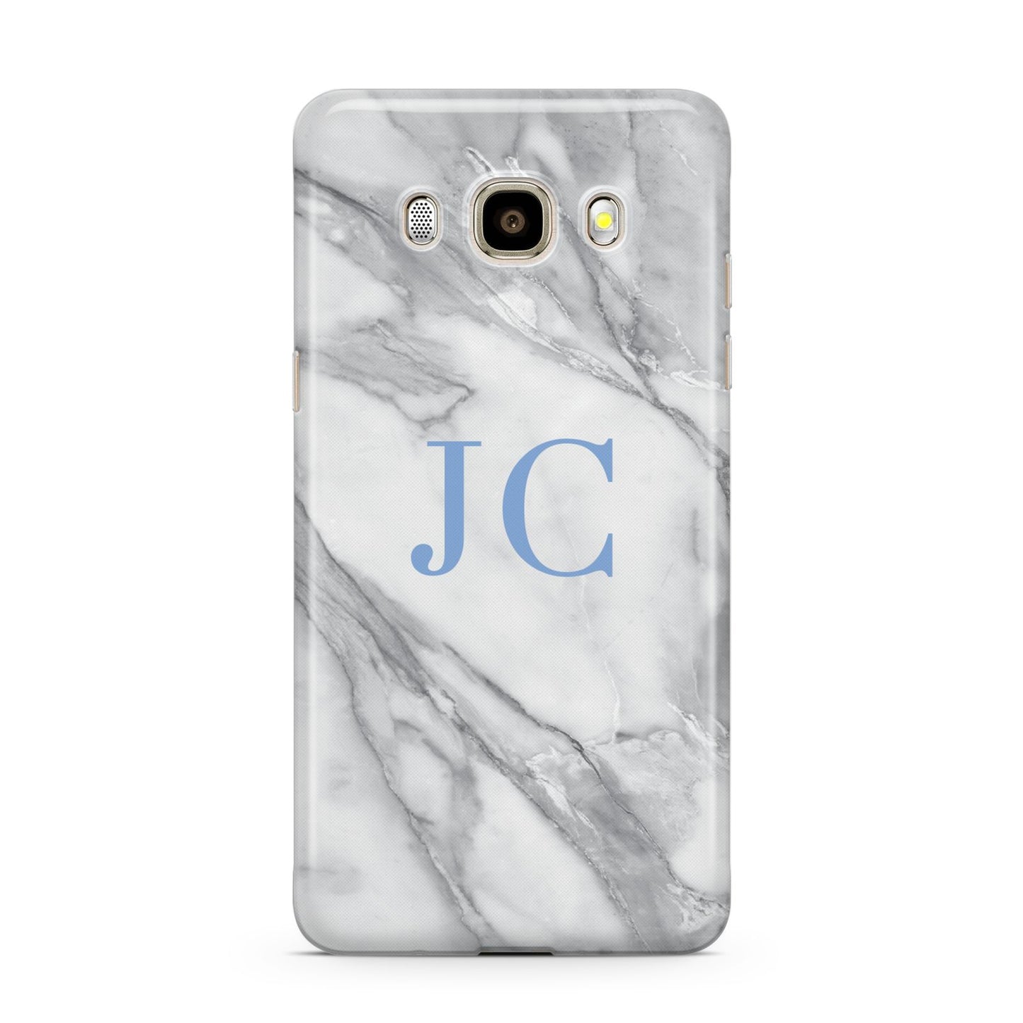 Grey Marble Blue Initials Samsung Galaxy J7 2016 Case on gold phone