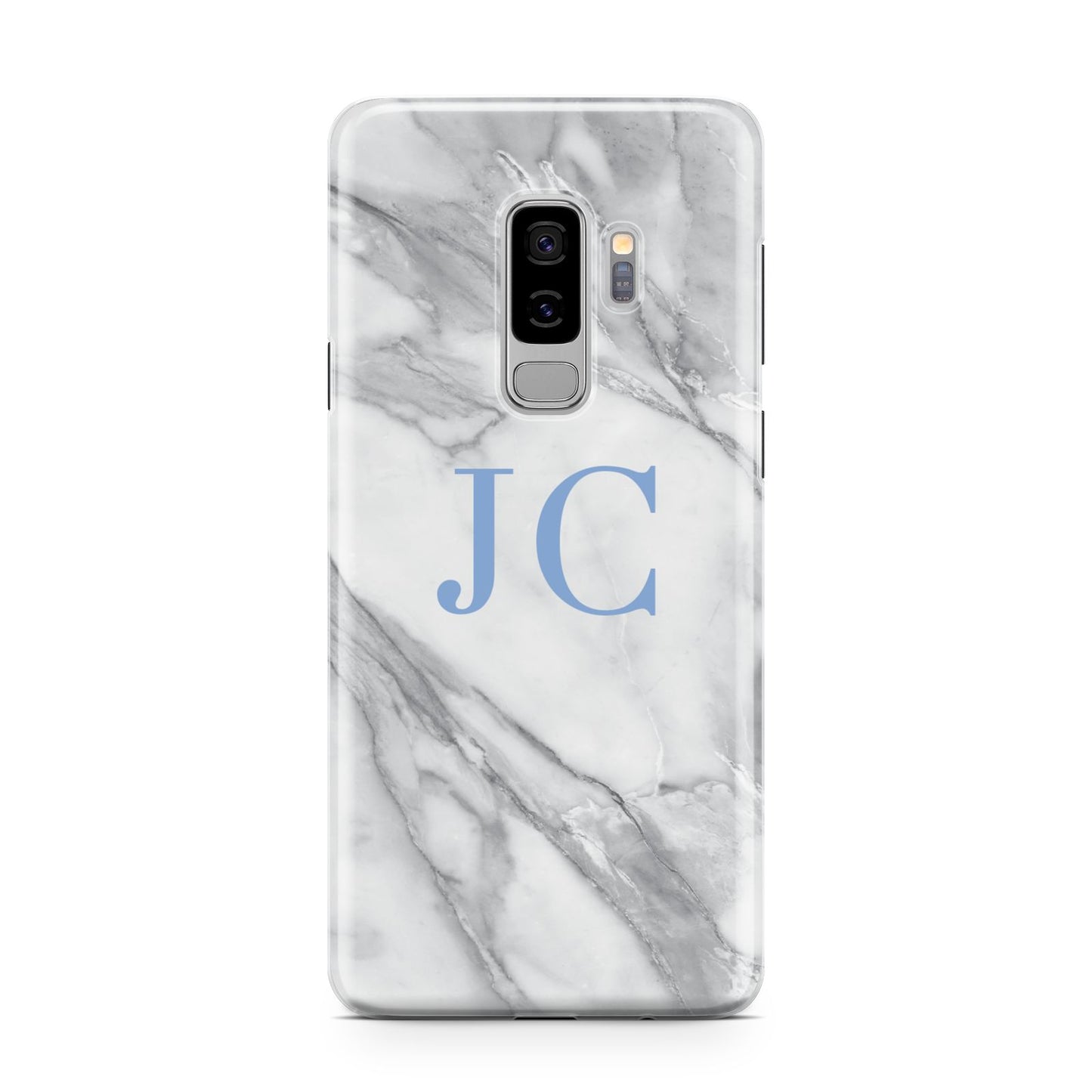 Grey Marble Blue Initials Samsung Galaxy S9 Plus Case on Silver phone