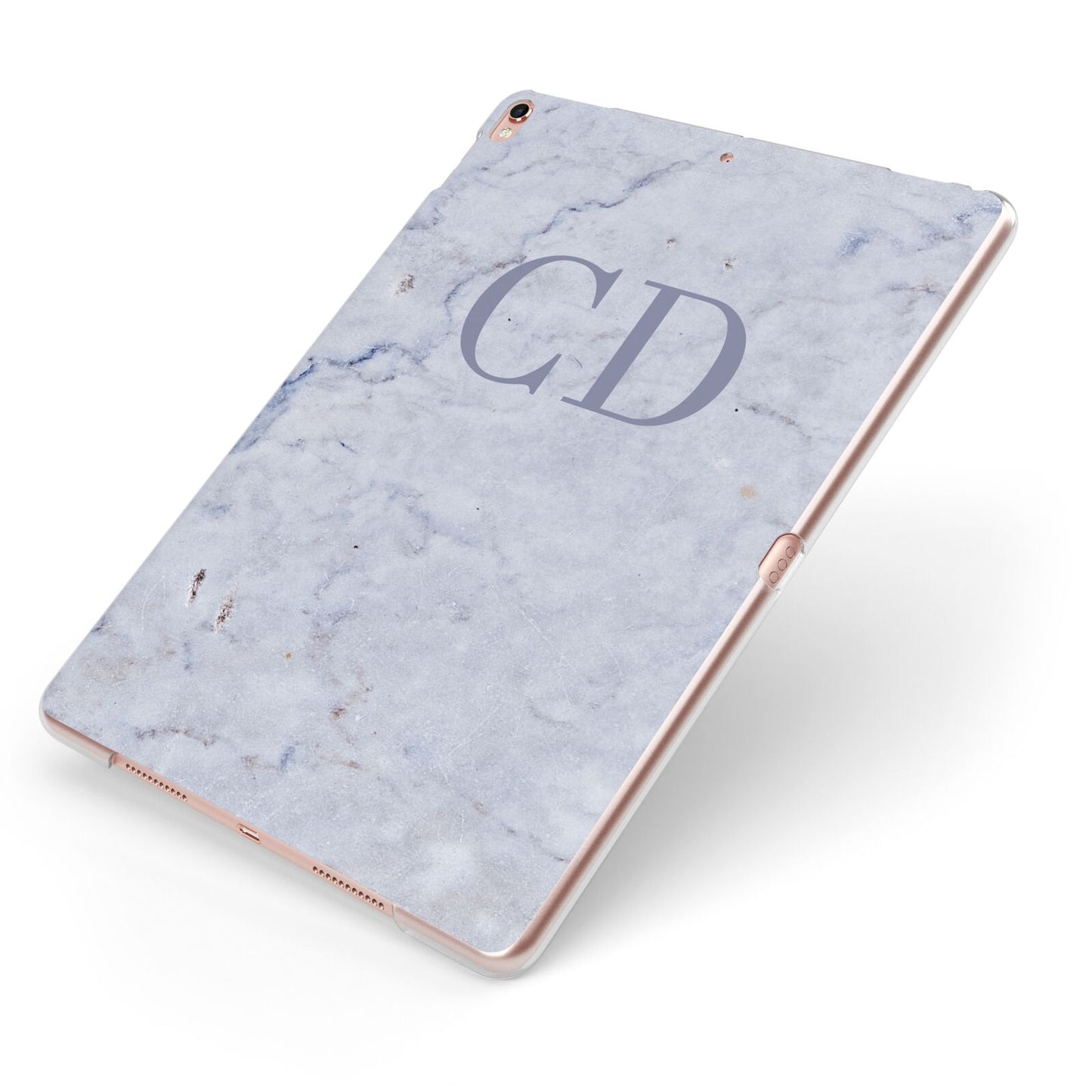 Grey Marble Grey Initials Apple iPad Case on Rose Gold iPad Side View