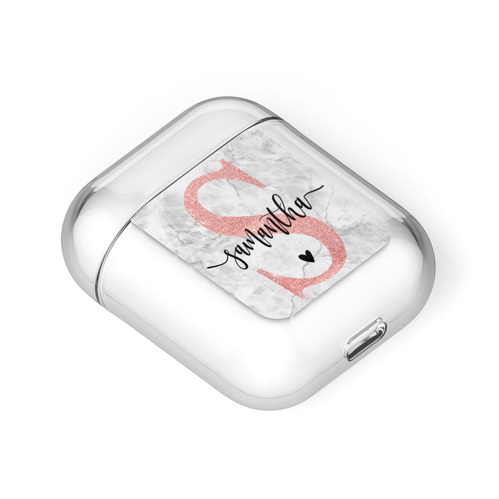 Grey Marble Personalised Pink Glitter Initial AirPods Case Laid Flat