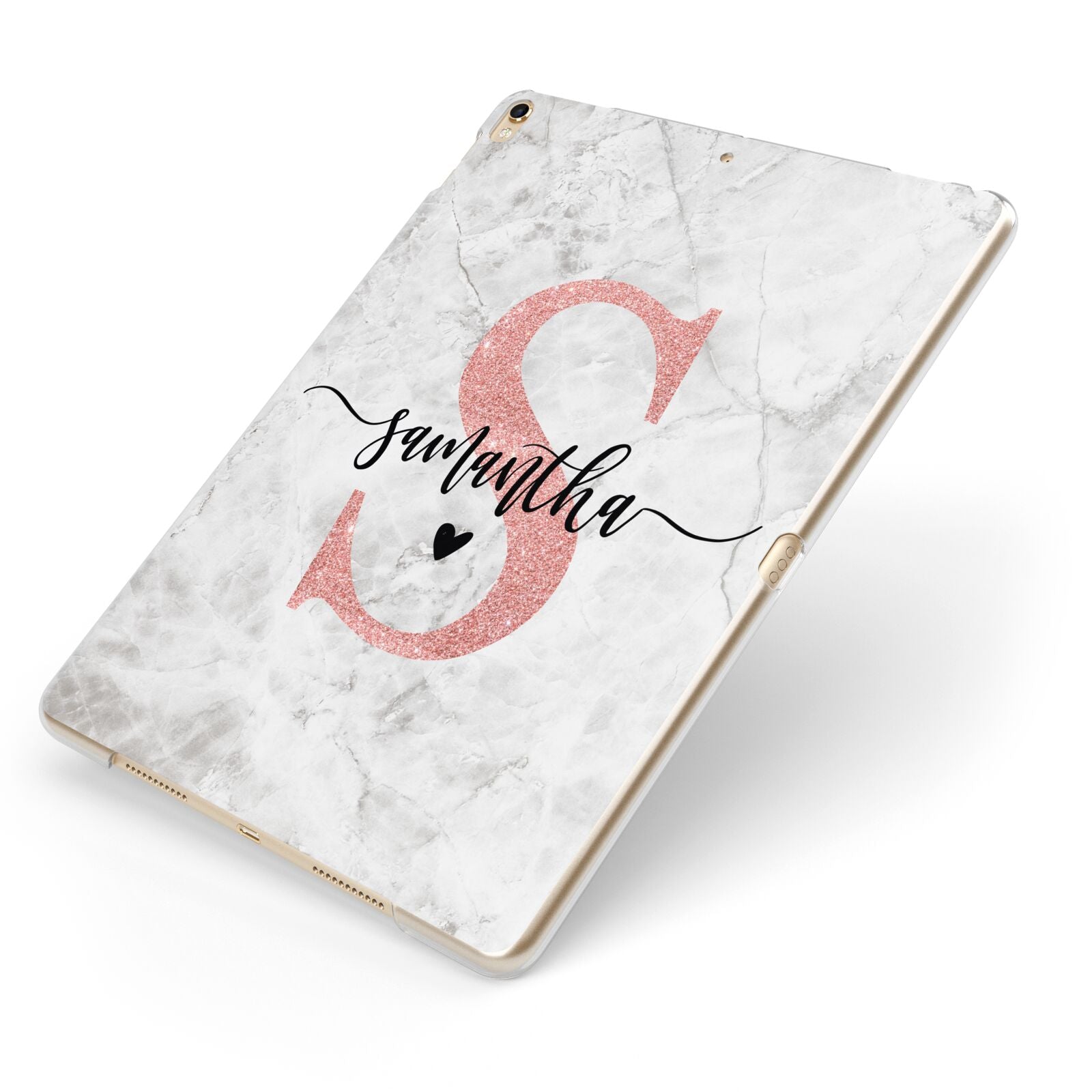 Grey Marble Personalised Pink Glitter Initial Apple iPad Case on Gold iPad Side View