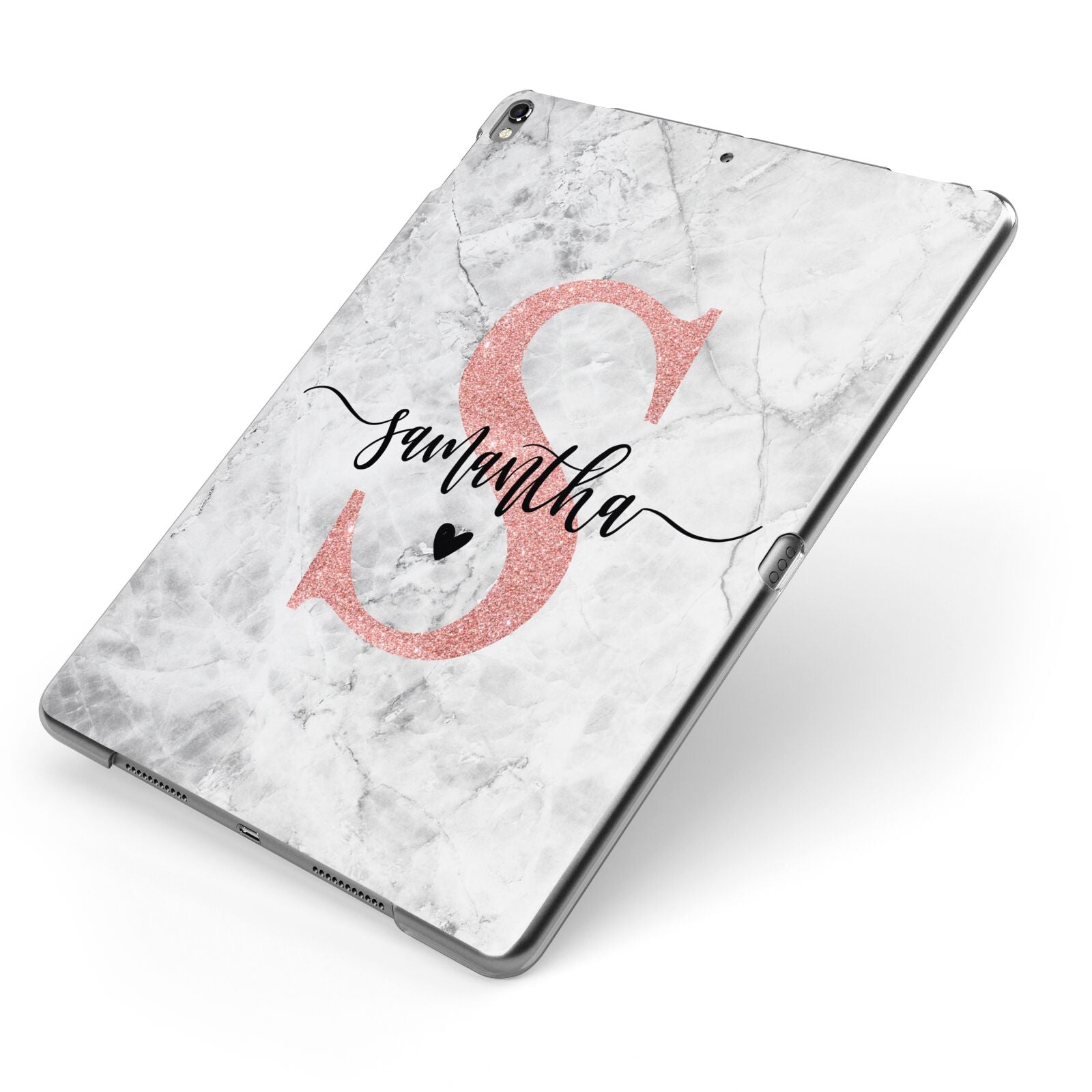 Grey Marble Personalised Pink Glitter Initial Apple iPad Case on Grey iPad Side View