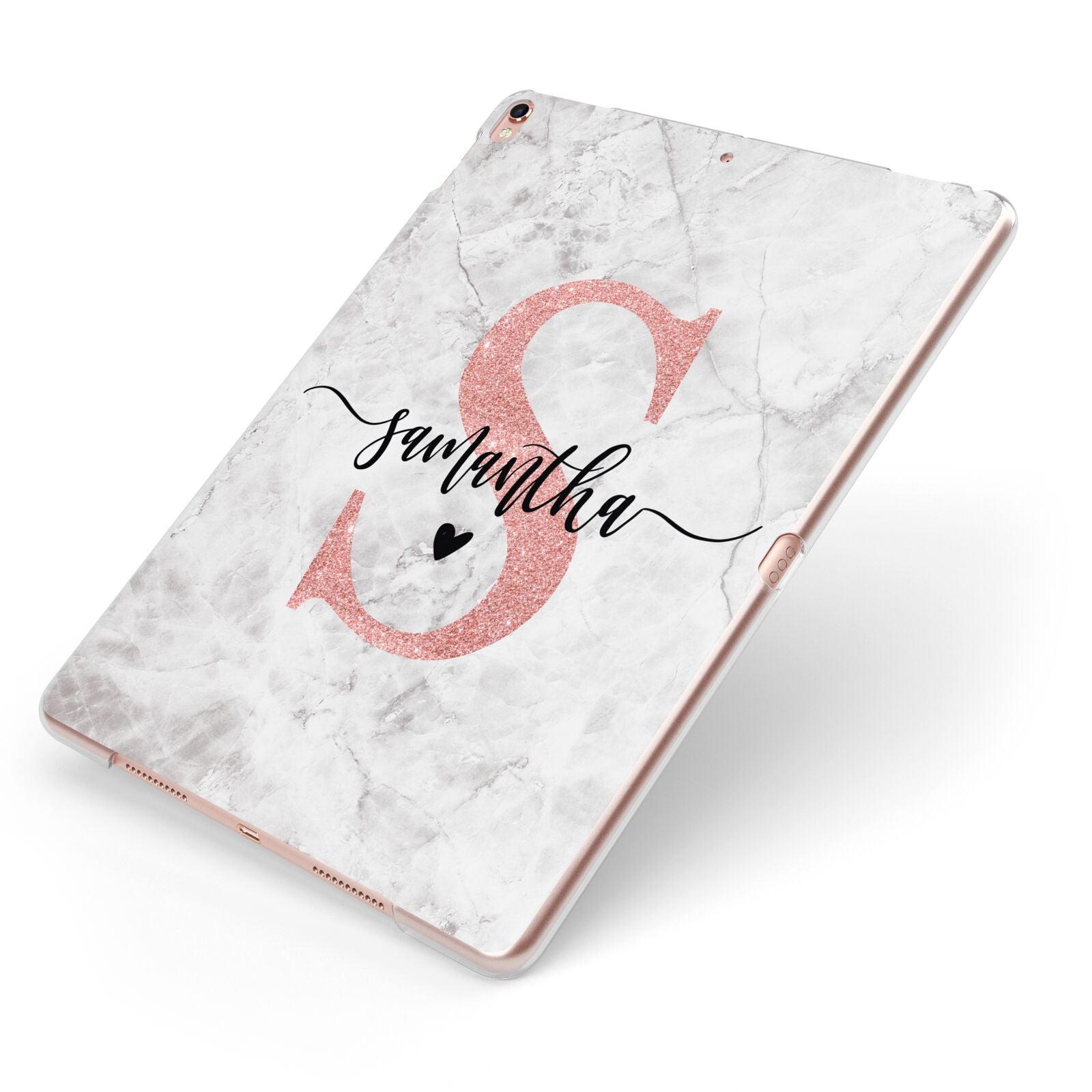 Grey Marble Personalised Pink Glitter Initial Apple iPad Case on Rose Gold iPad Side View
