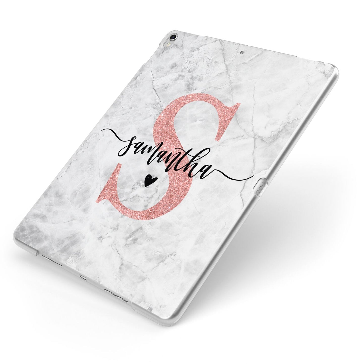 Grey Marble Personalised Pink Glitter Initial Apple iPad Case on Silver iPad Side View