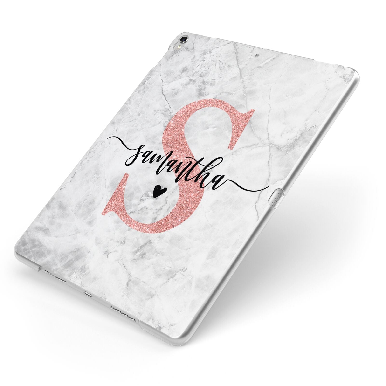 Grey Marble Personalised Pink Glitter Initial Apple iPad Case on Silver iPad Side View