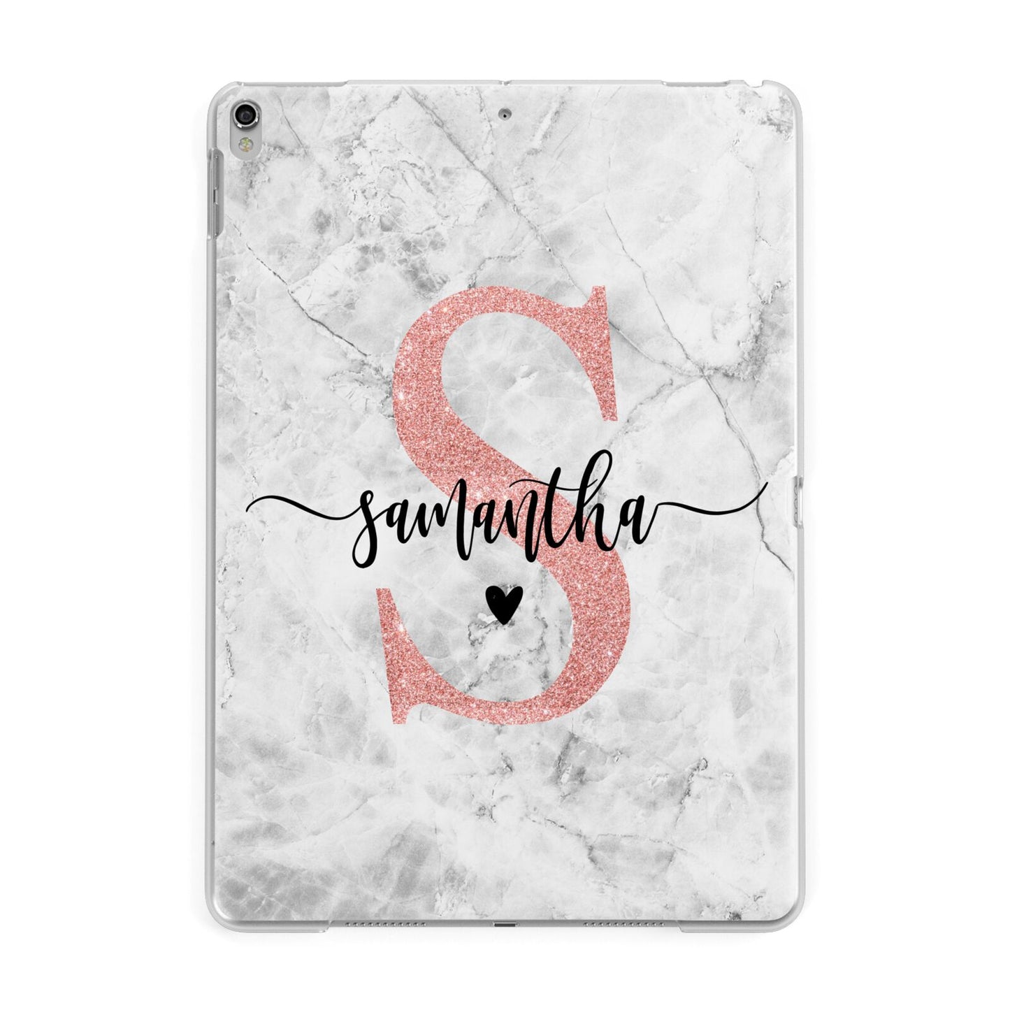 Grey Marble Personalised Pink Glitter Initial Apple iPad Silver Case