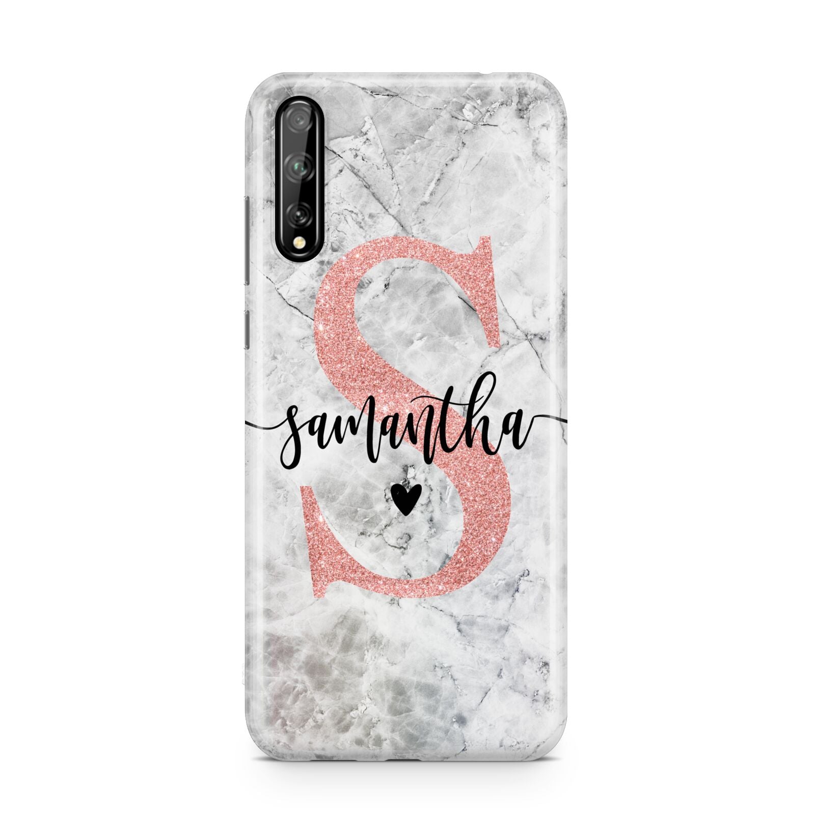 Grey Marble Personalised Pink Glitter Initial Huawei Enjoy 10s Phone Case