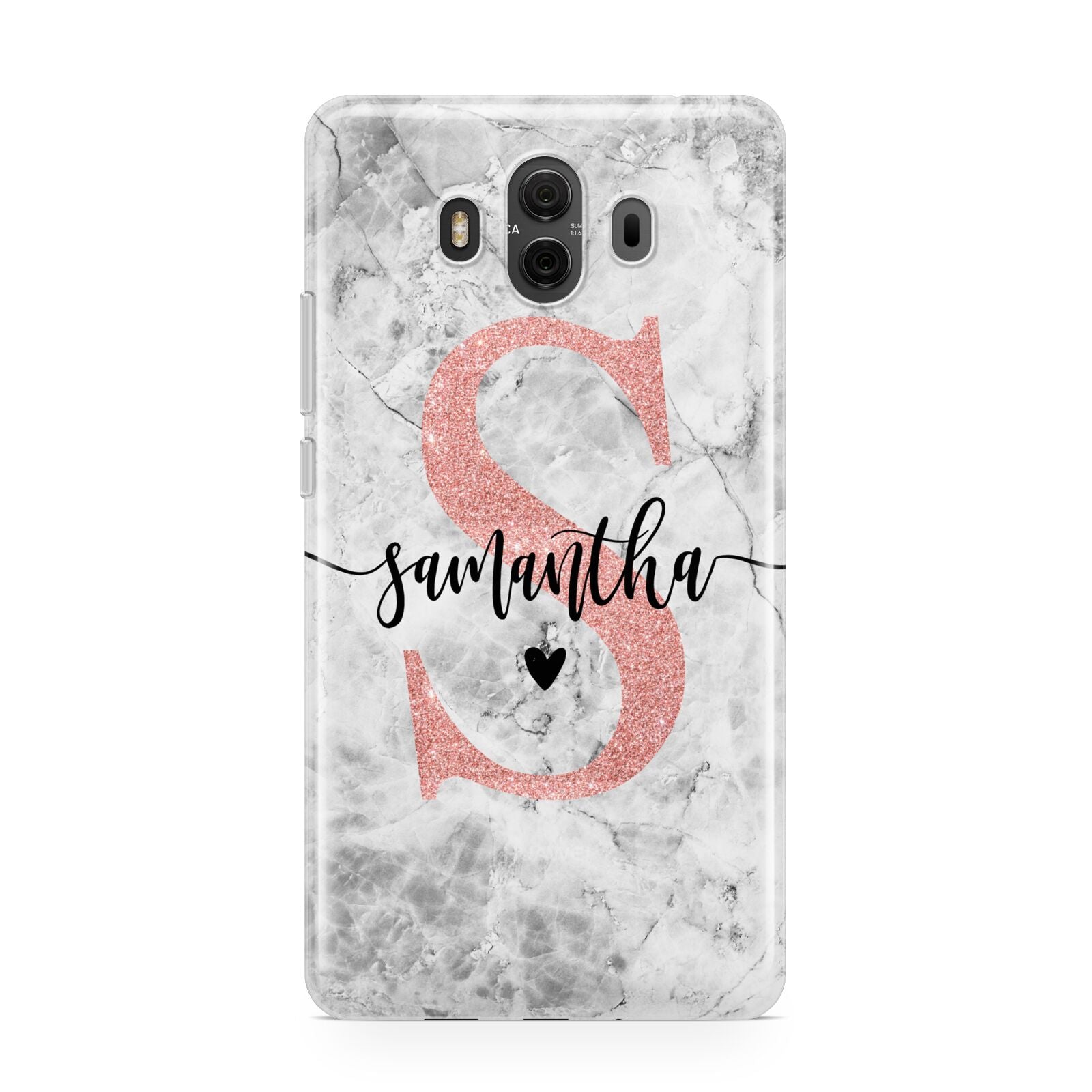 Grey Marble Personalised Pink Glitter Initial Huawei Mate 10 Protective Phone Case