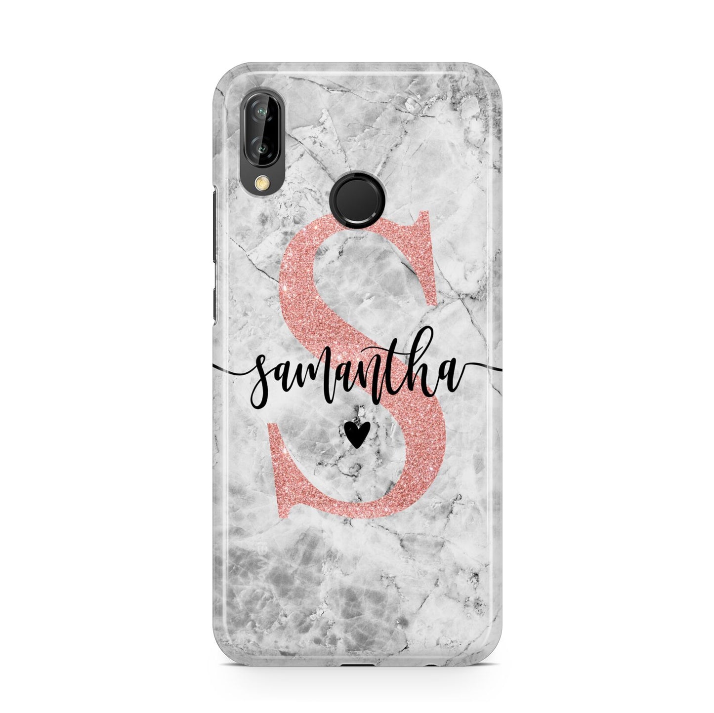 Grey Marble Personalised Pink Glitter Initial Huawei P20 Lite Phone Case