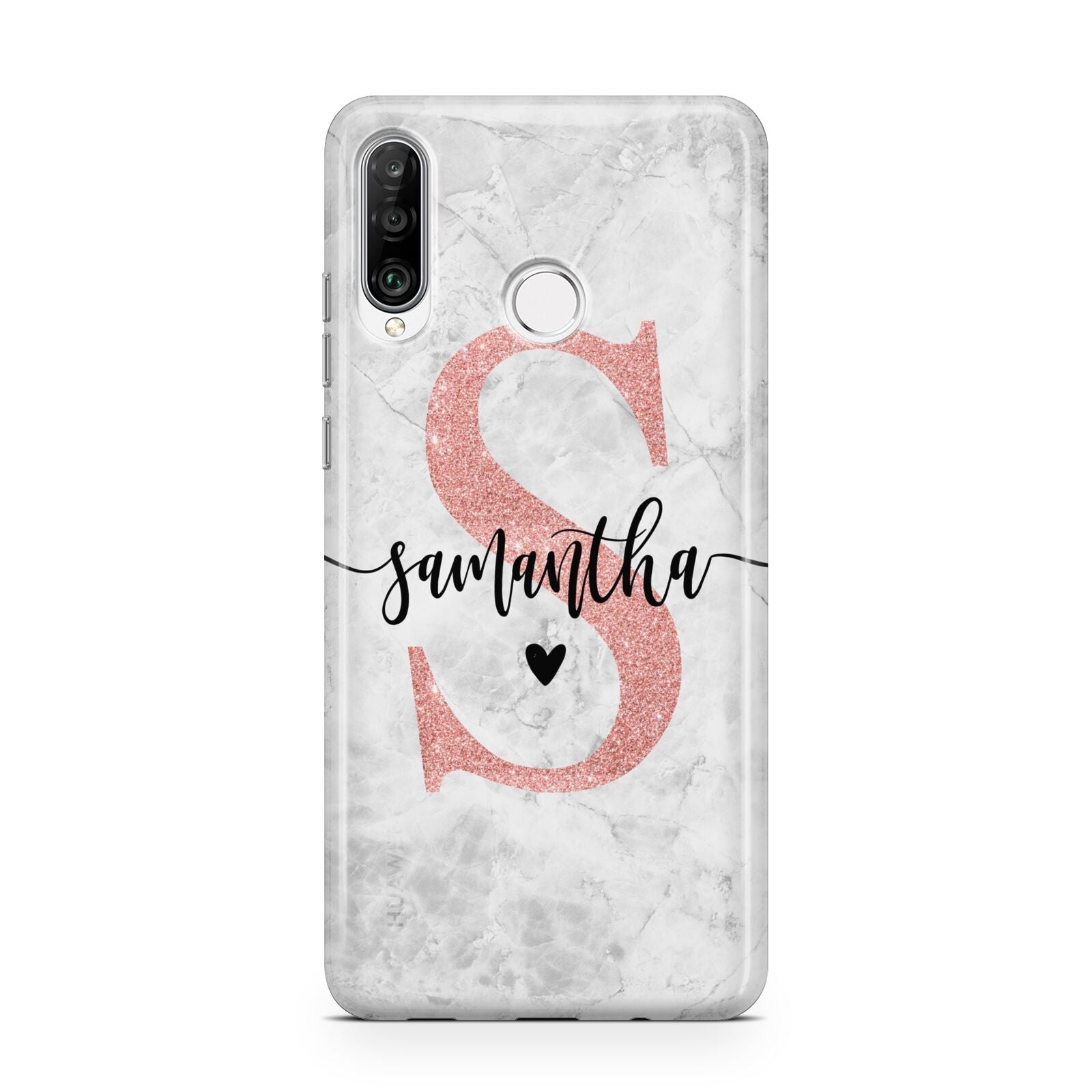 Grey Marble Personalised Pink Glitter Initial Huawei P30 Lite Phone Case