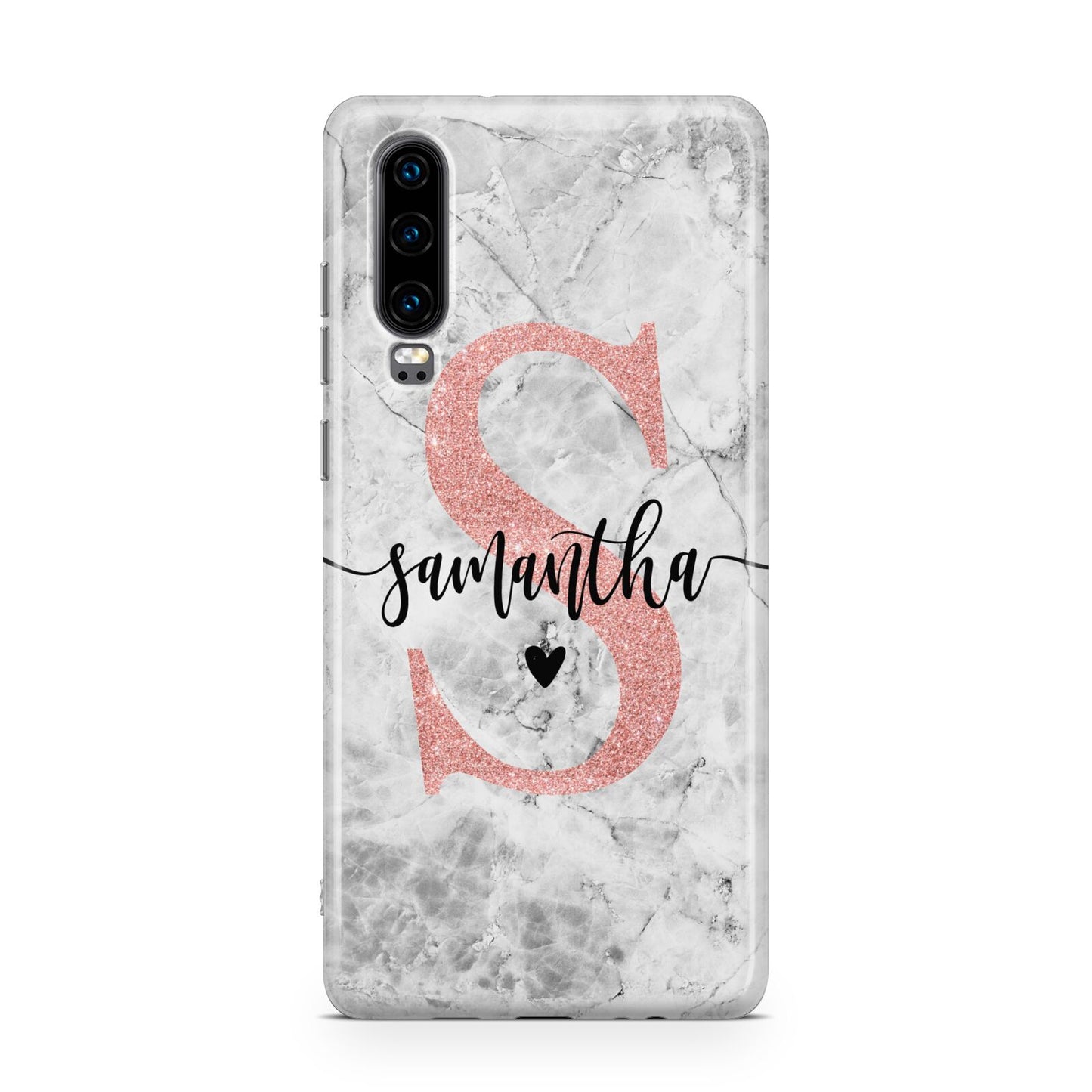 Grey Marble Personalised Pink Glitter Initial Huawei P30 Phone Case